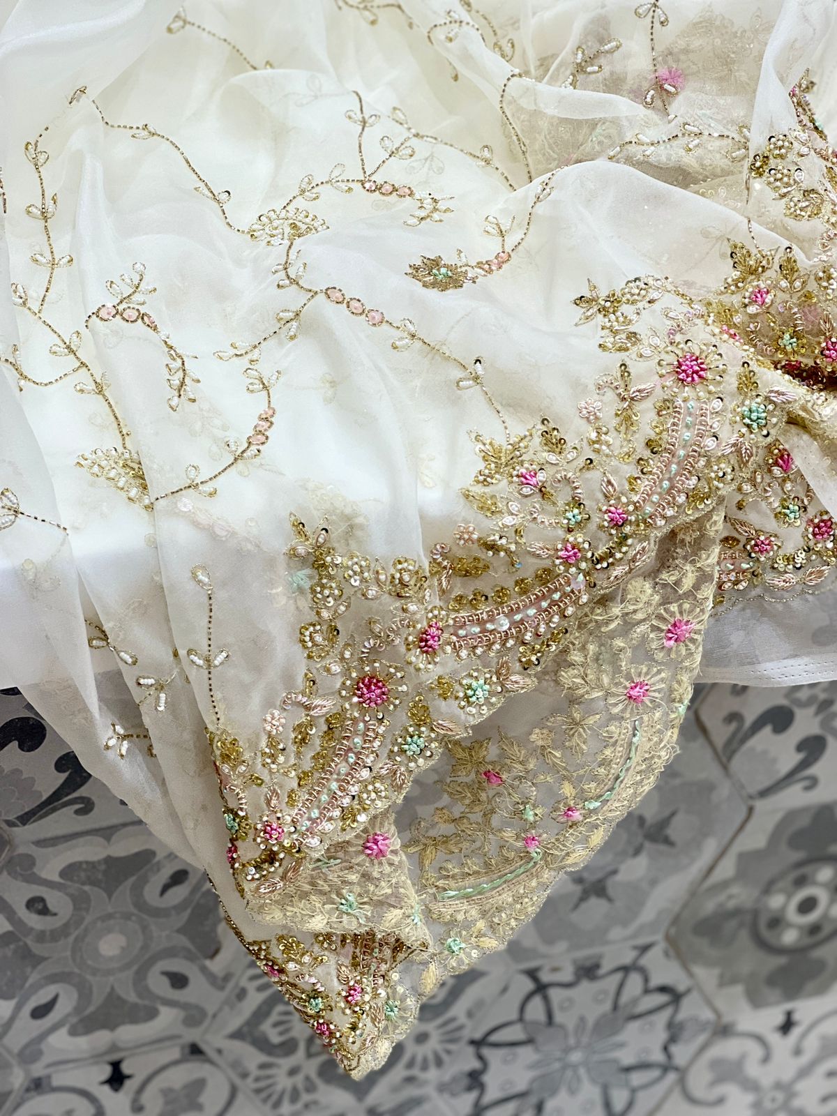 White Organza Zardosi Knot Hand Embroidery Saree