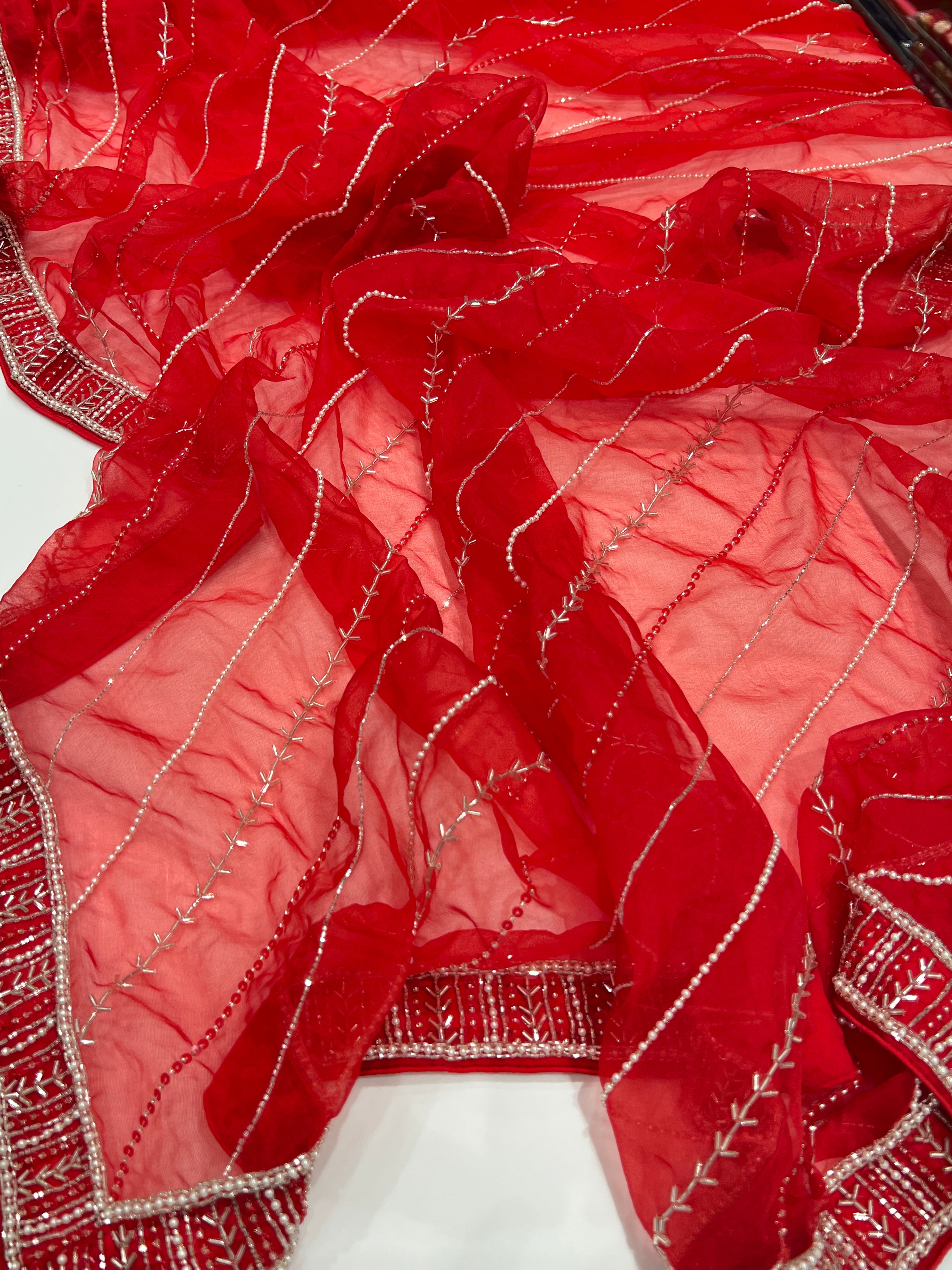 Red Organza Sequin Moti Leheriya Embroidery Saree