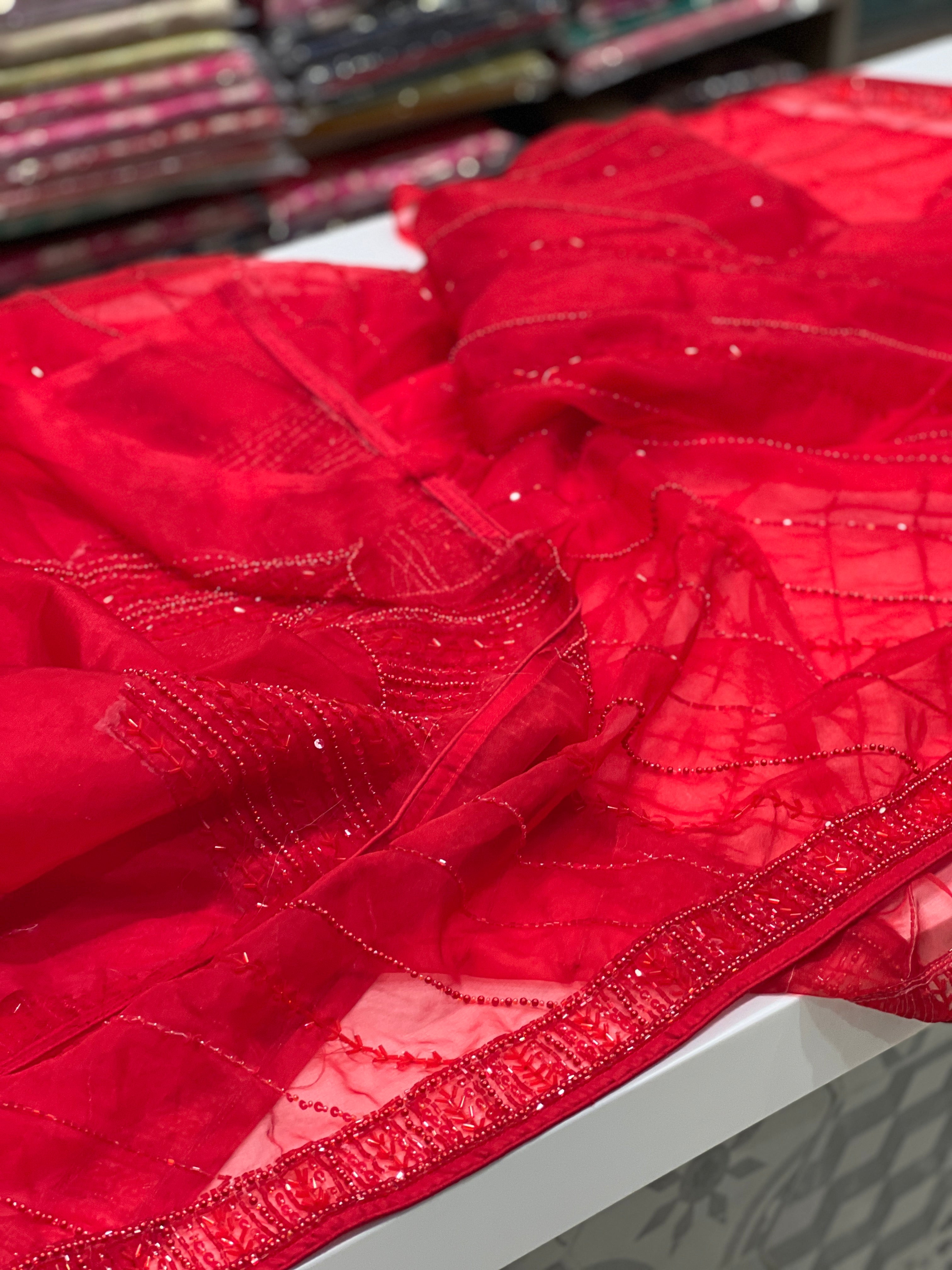 Red Organza Leheriya Hand Embroidery Saree