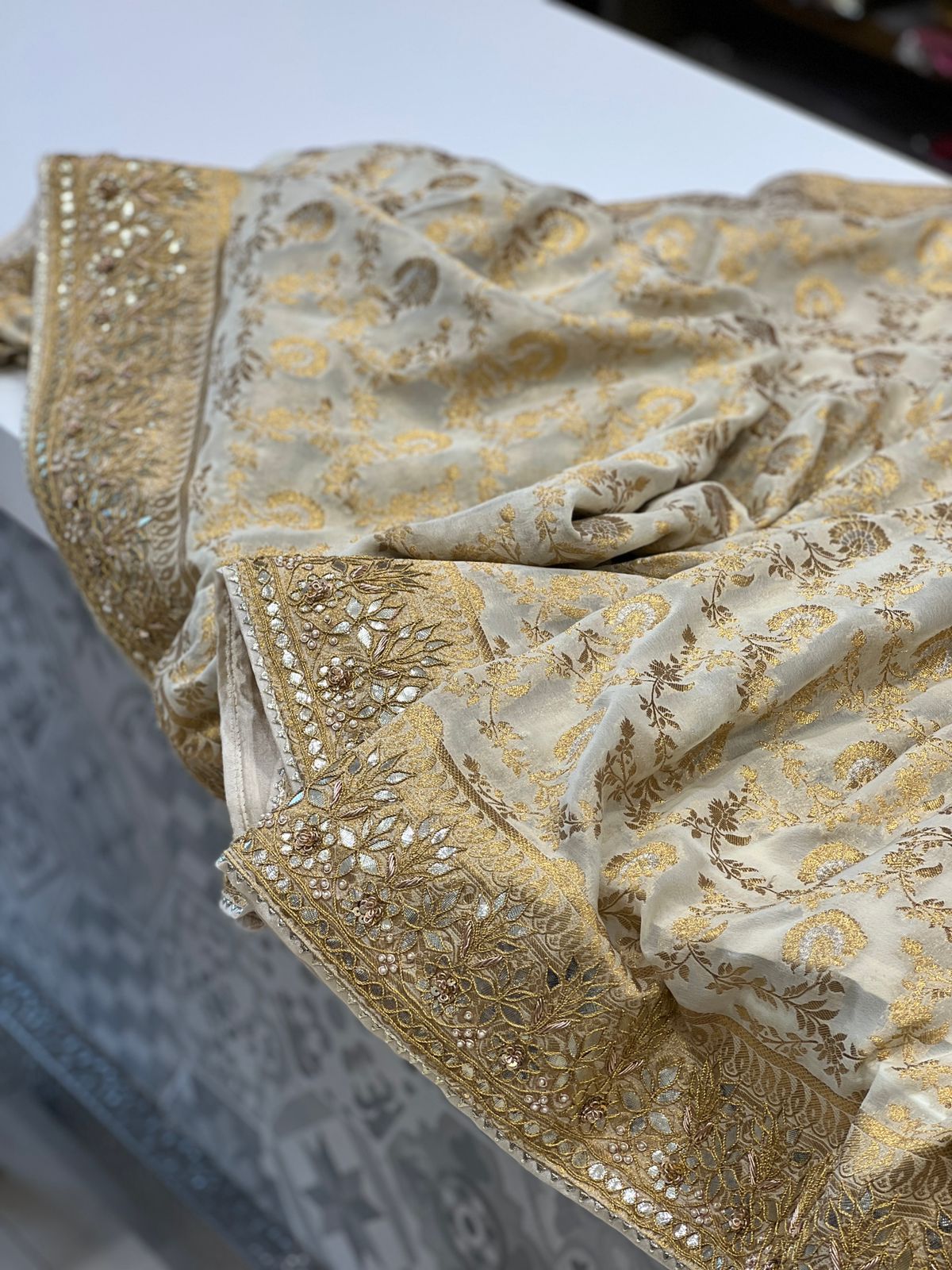 Beige Banarasi Khaddi Georgette Gotapatti Saree