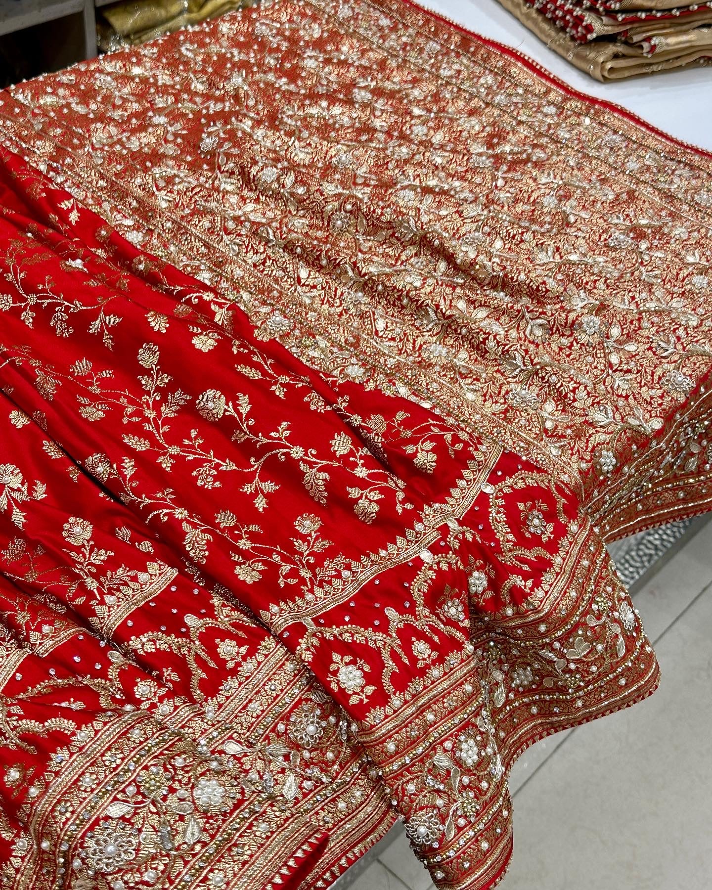 Red Banarasi Silk Crown Border Silk Embroidery Saree