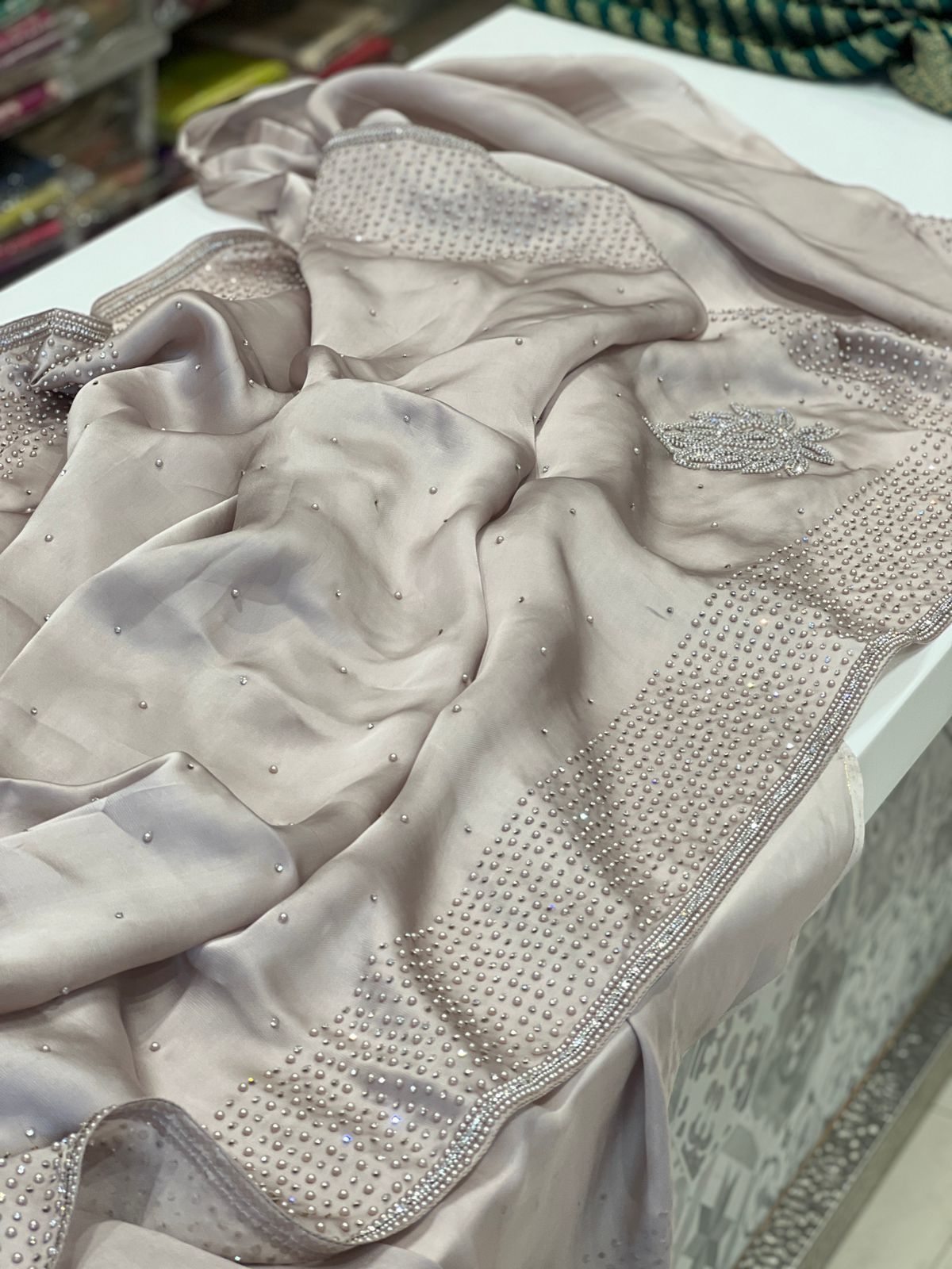 Champagne Satin Organza Moti Embroidery Saree