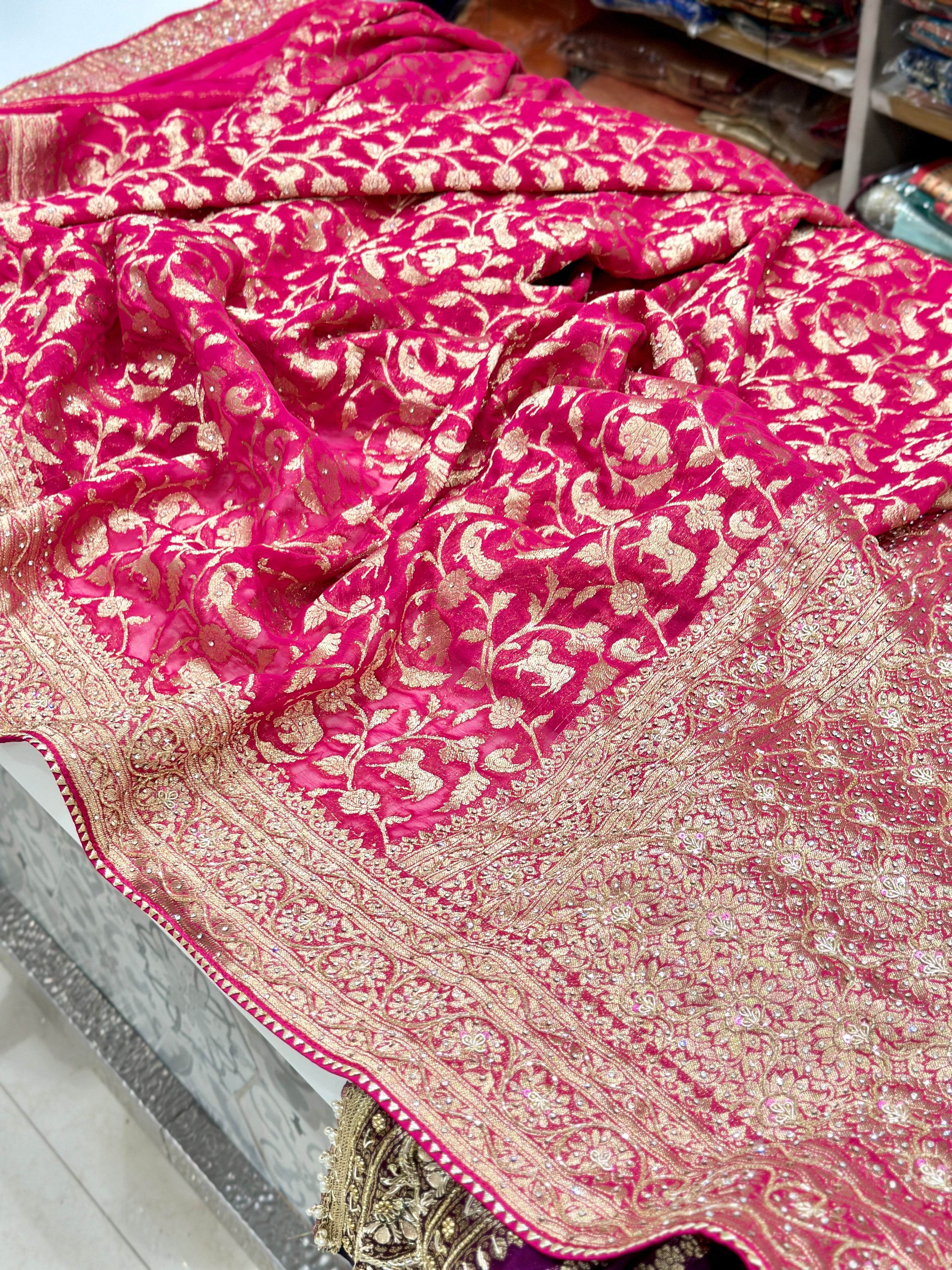 Rani Pink Banarasi Khaddi Georgette Shikara Hand Embroidery Saree