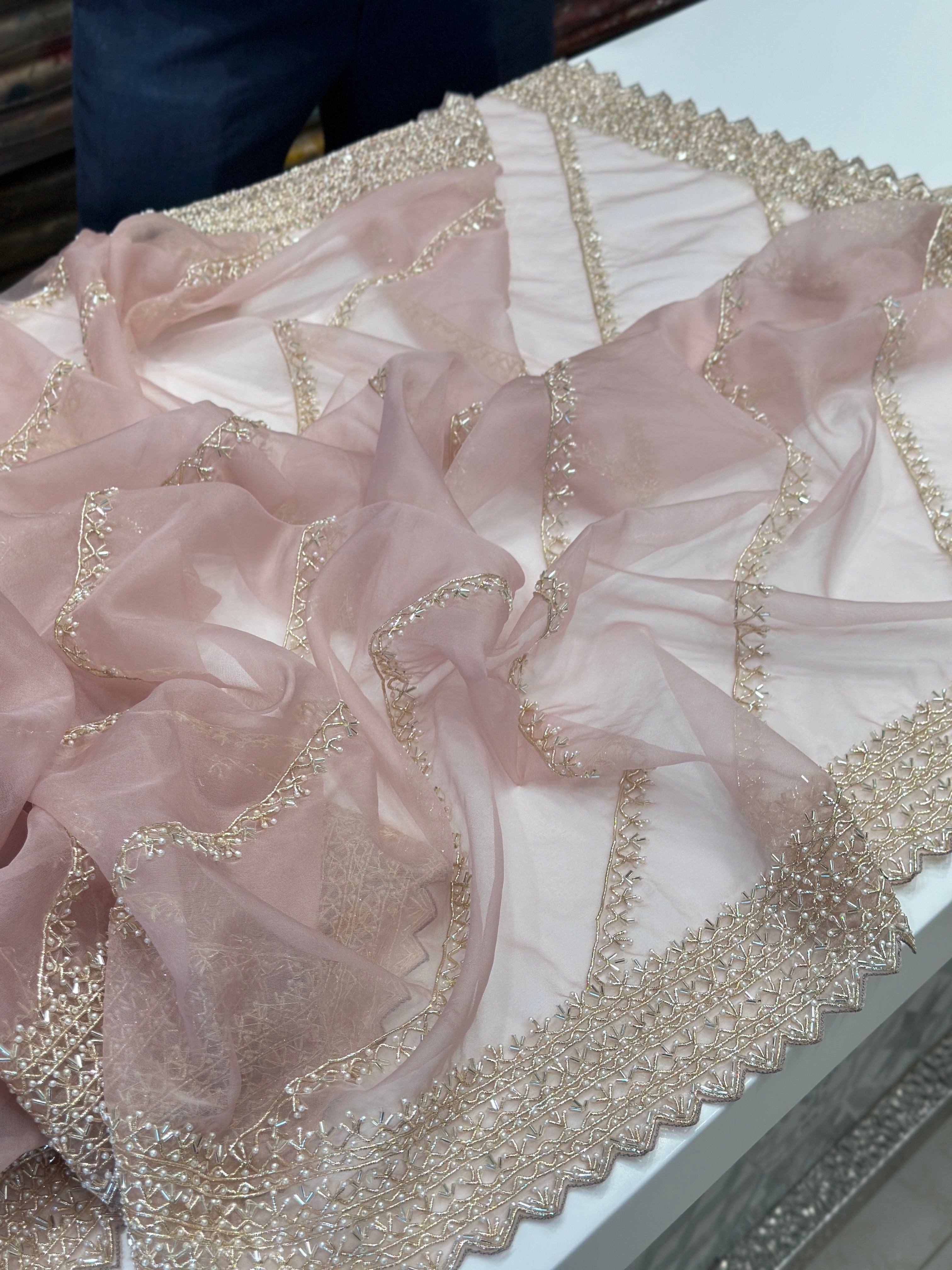 Nude Pink Organza Zardosi Embroidery Saree