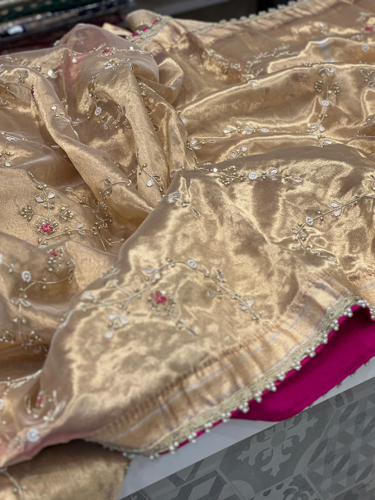 Tissue Rani Pink Hand Embroidery Saree