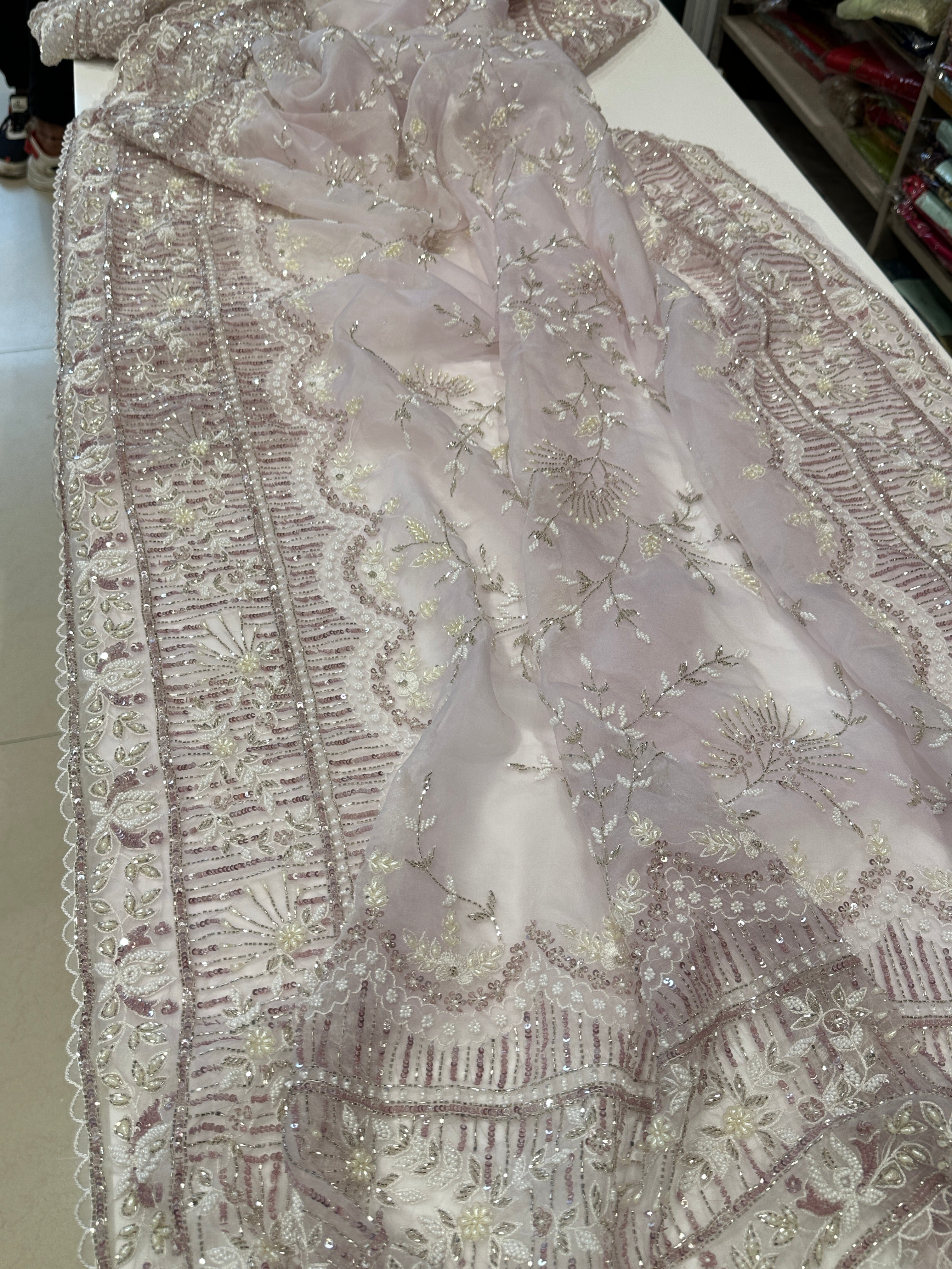 Lilac Organza Hand Embroidery Saree