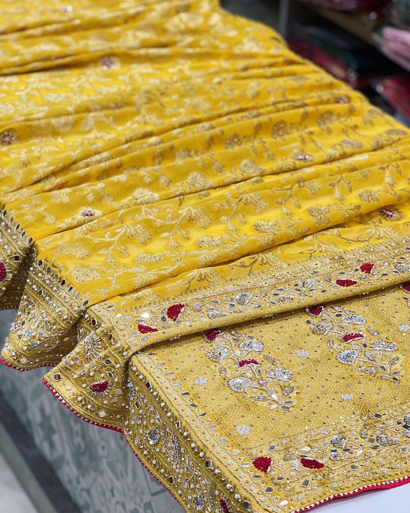 Yellow Banarasi Georgette Mirror Resham Embroidery Saree