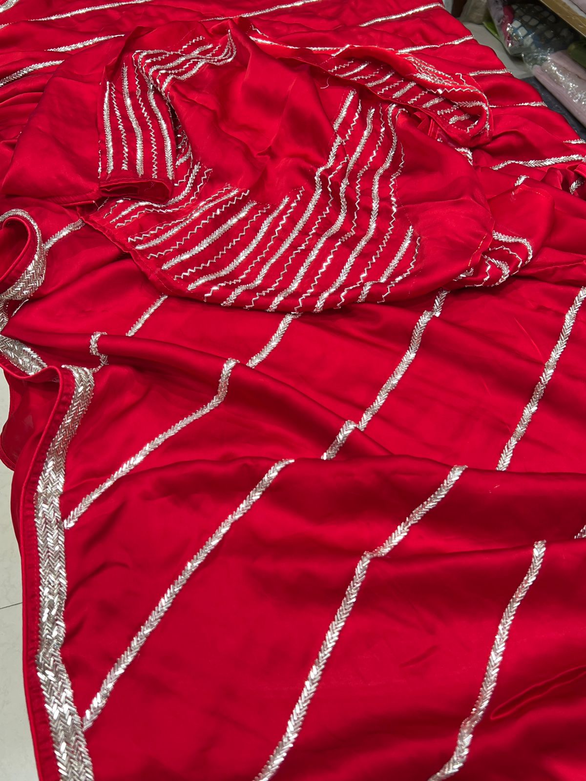 Red Satin Contemporary Hand Embroidery Saree