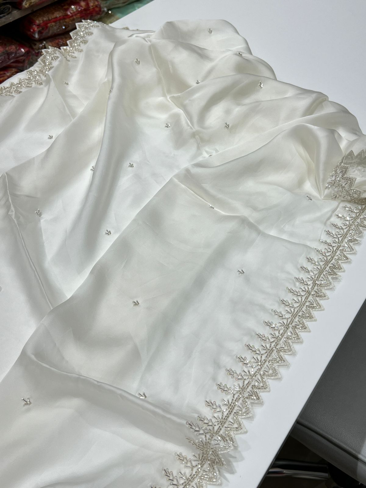 White Satin Organza Heavy Blouse Saree