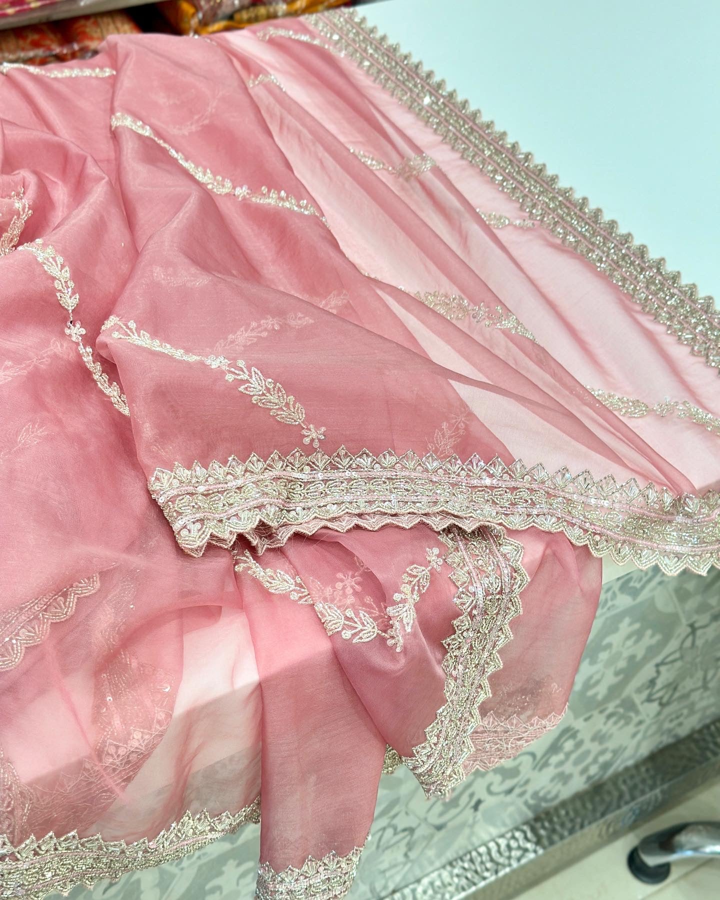 Nude Pink Organza Hand Embroidery Saree Heavy Blouse
