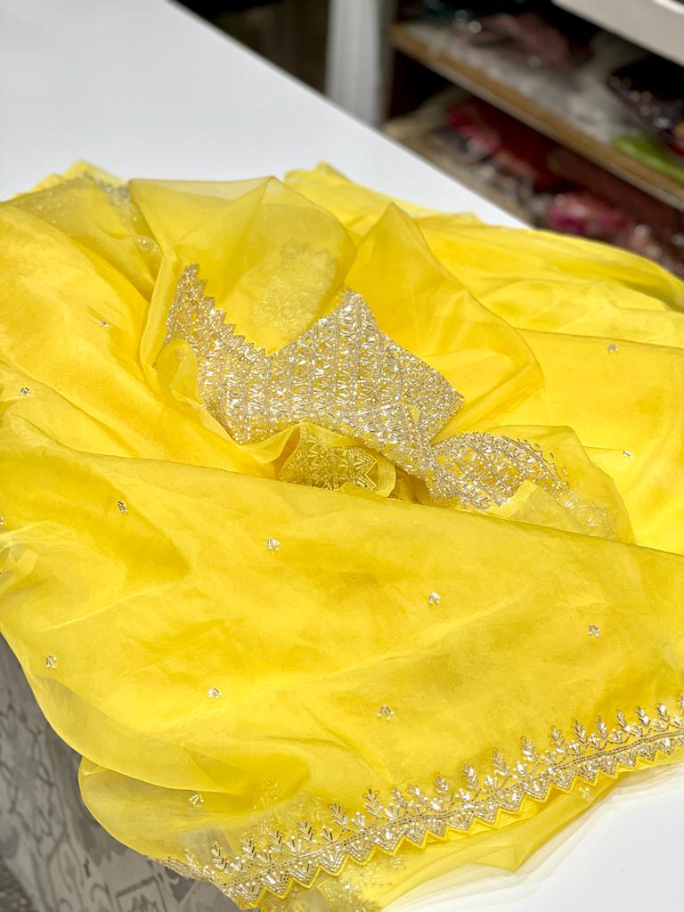 Yellow Organza Heavy Blouse Saree