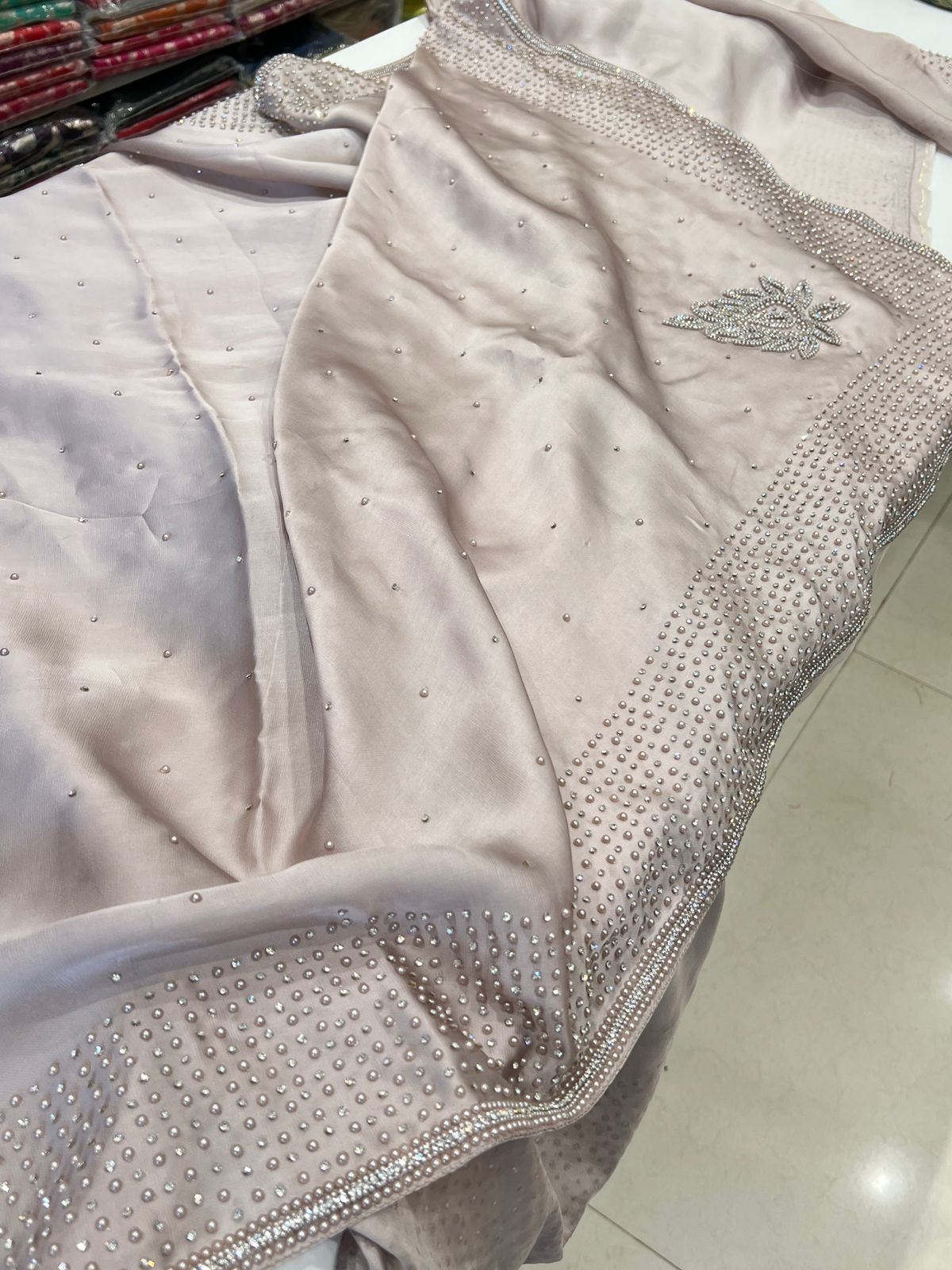 Champagne Satin Organza Moti Embroidery Saree