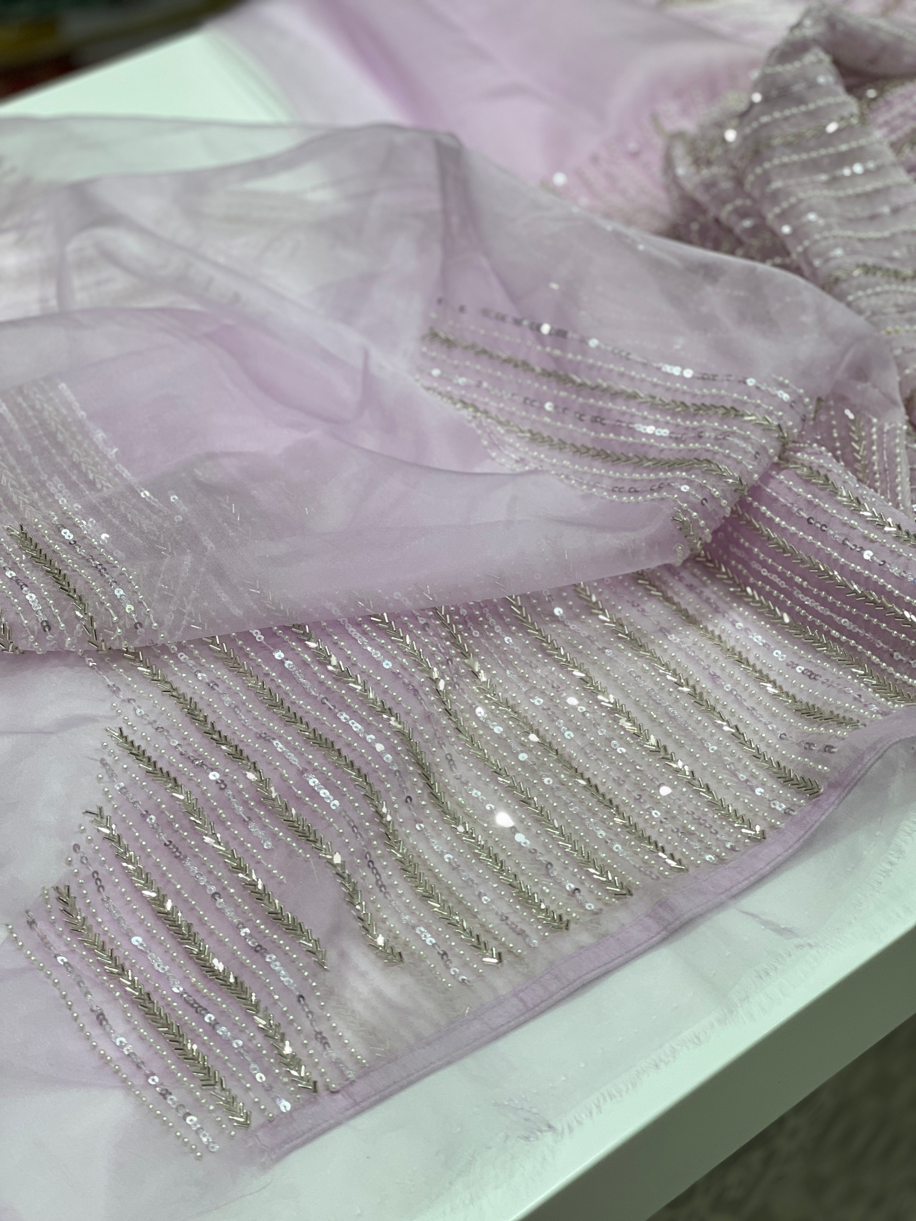 Lilac Organza Sequin Moti Heavy Blouse Saree