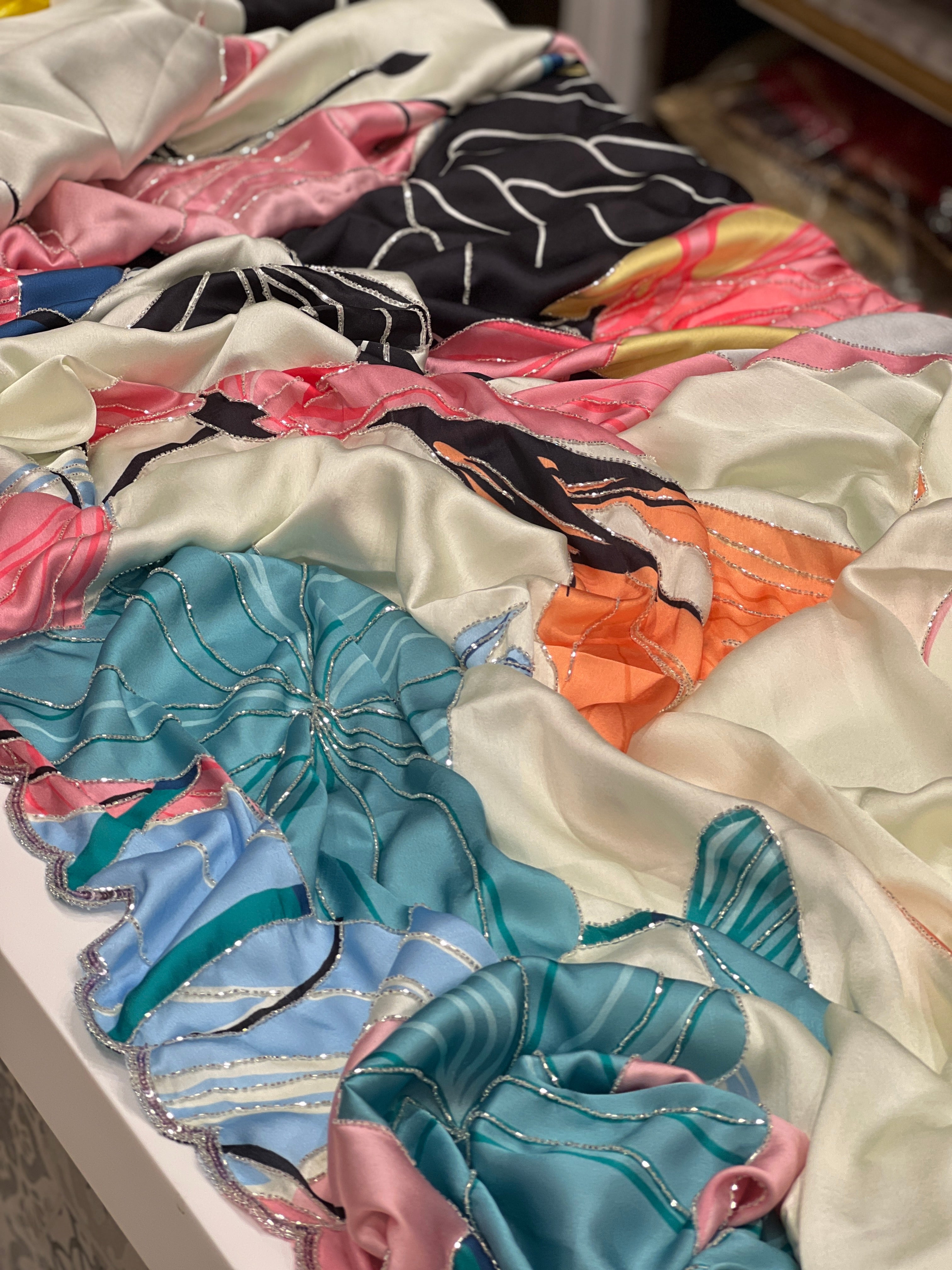 Japenese Print Satin Hand Embroidery Saree