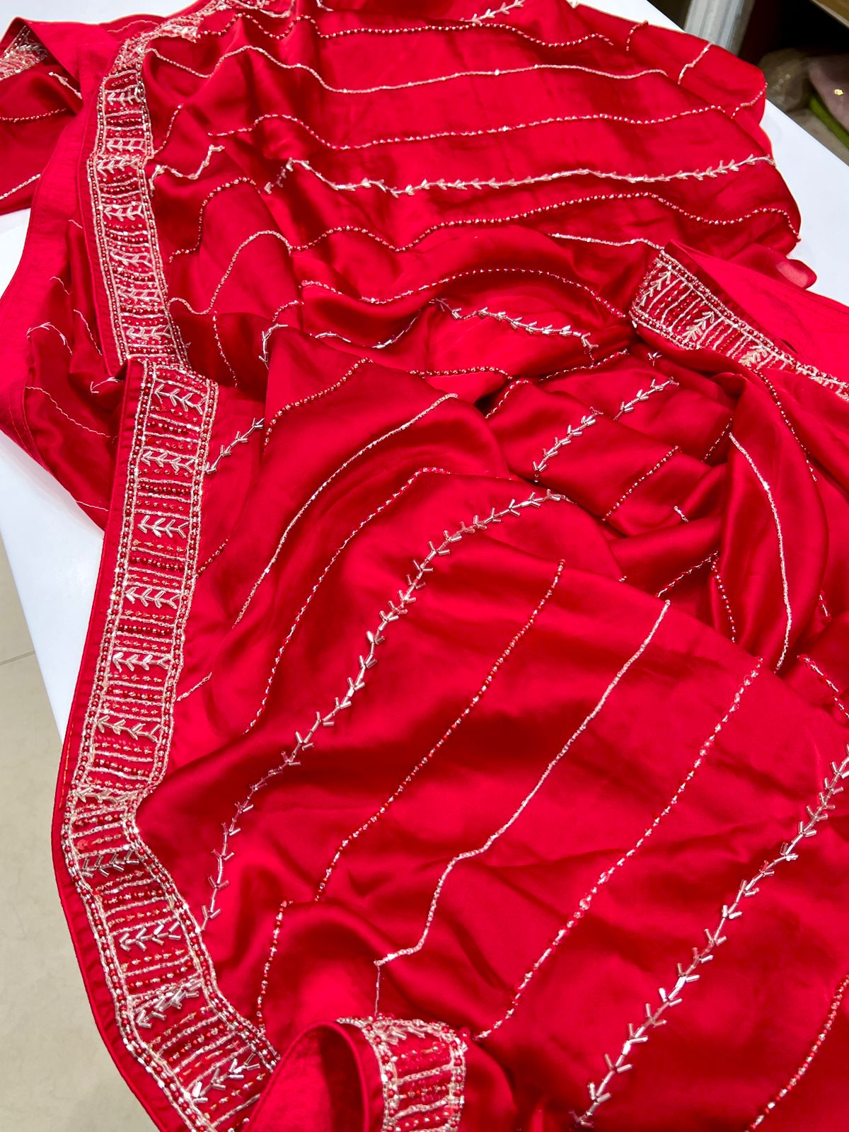 Red Satin Organza Hand Embroidery Saree