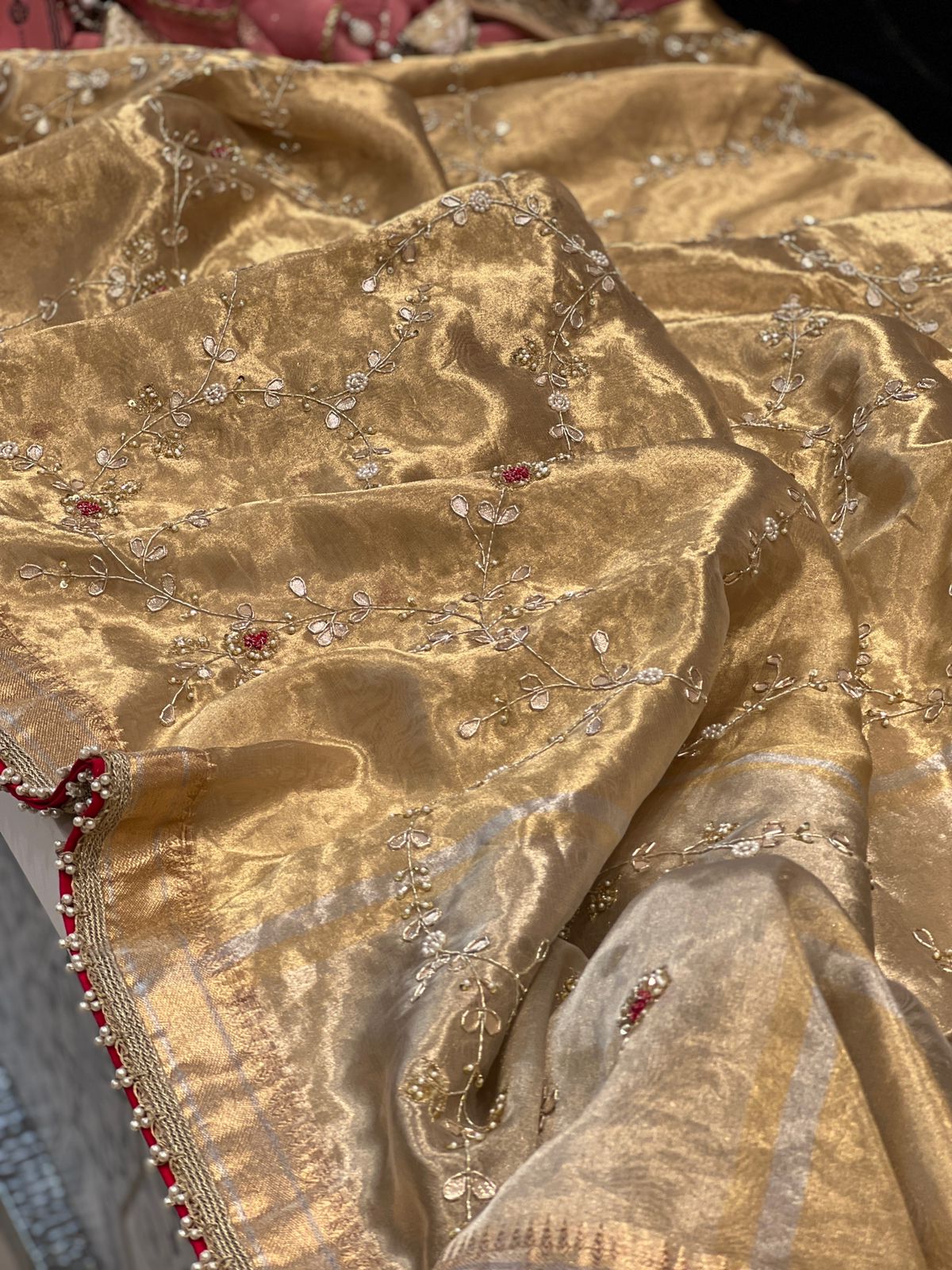 Gold Handloom Tissue Red Resham Zardosi Hand Embroidery Saree