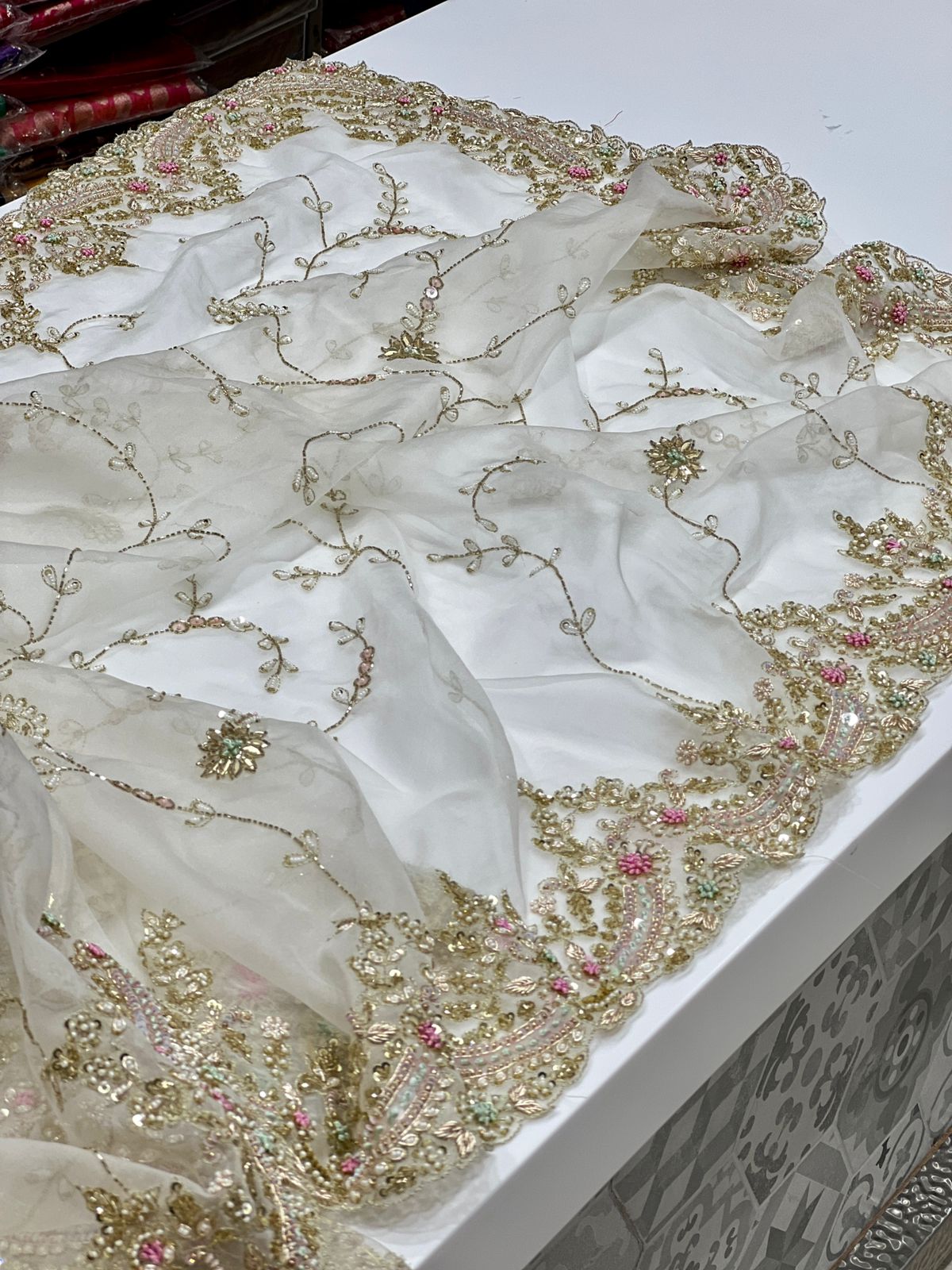White Organza Zardosi Knot Hand Embroidery Saree