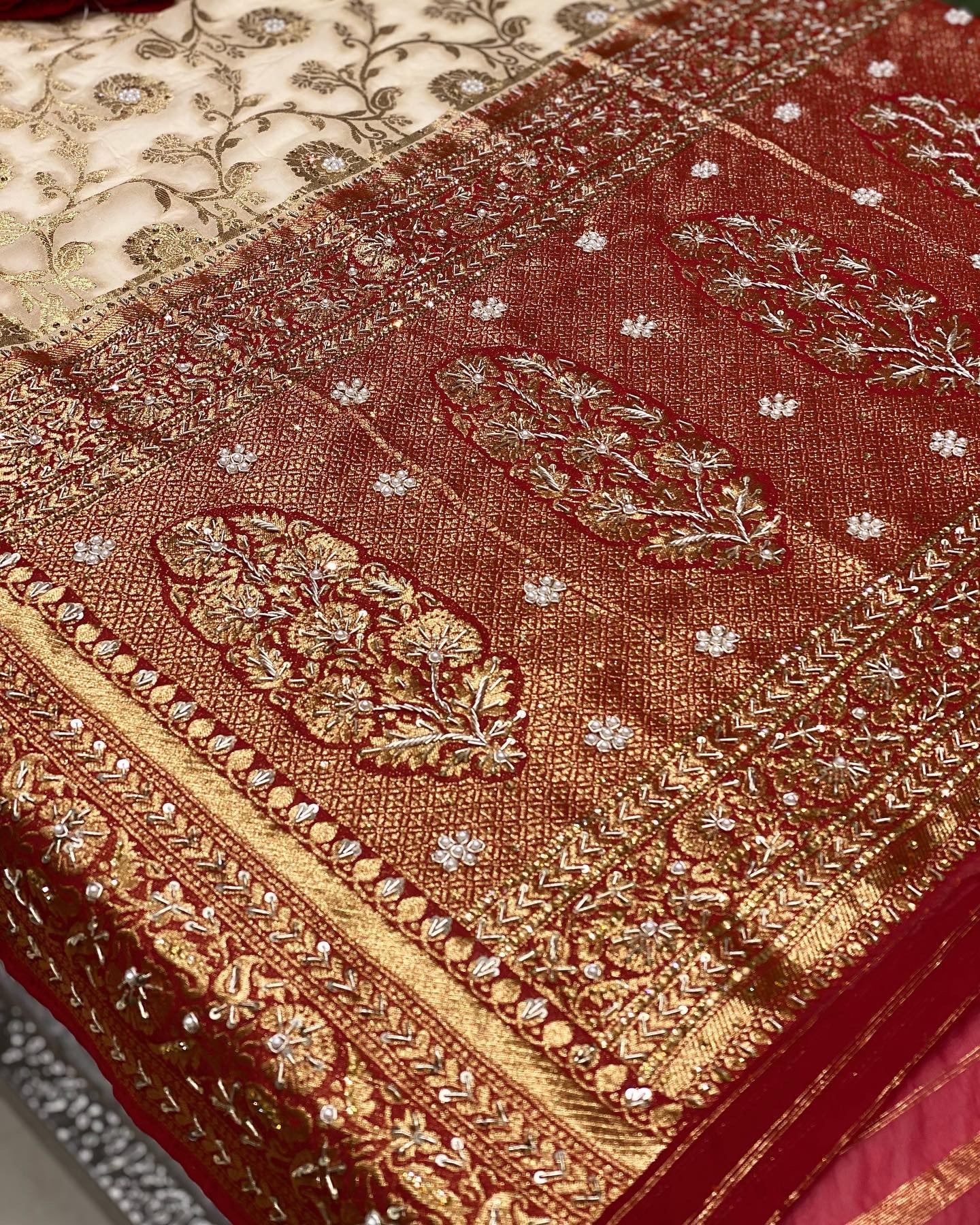 Beige Red Georgette Jaal Embroidery Saree