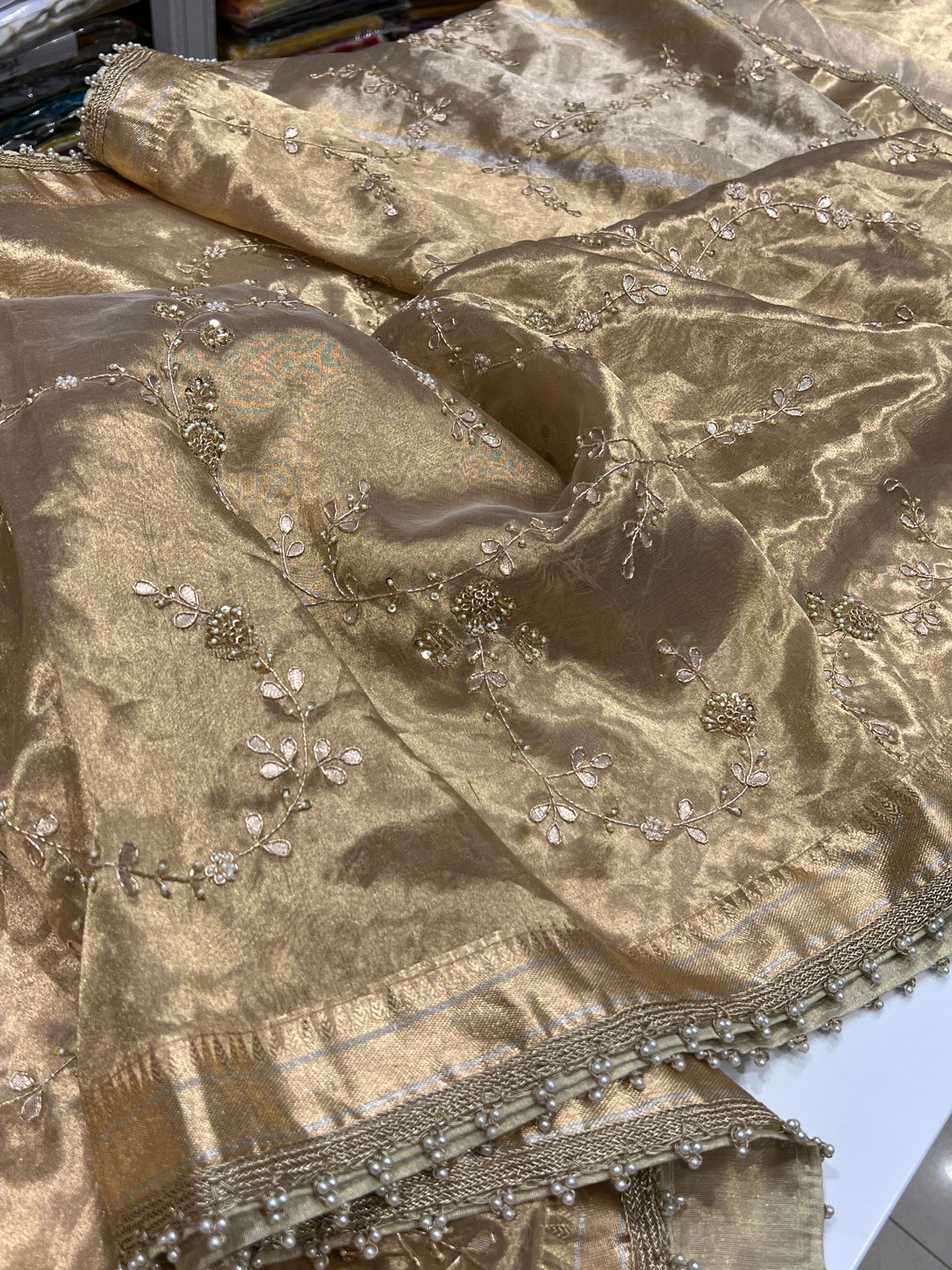 Gold Handloom Tissue Hand Embroidery Zardosi Gotapatti Saree