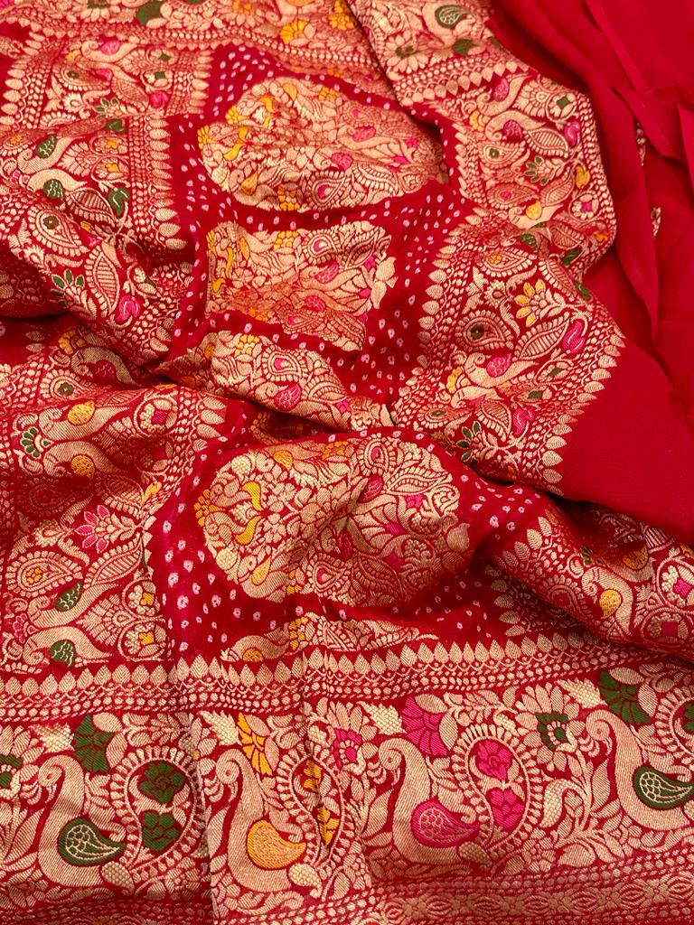 Red Gharchola Woven Bandhej Saree