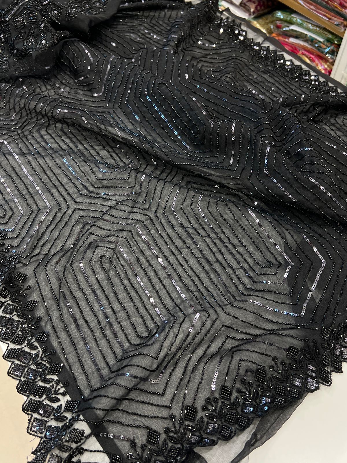 Black Organza Sequin Moti Embroidery Saree