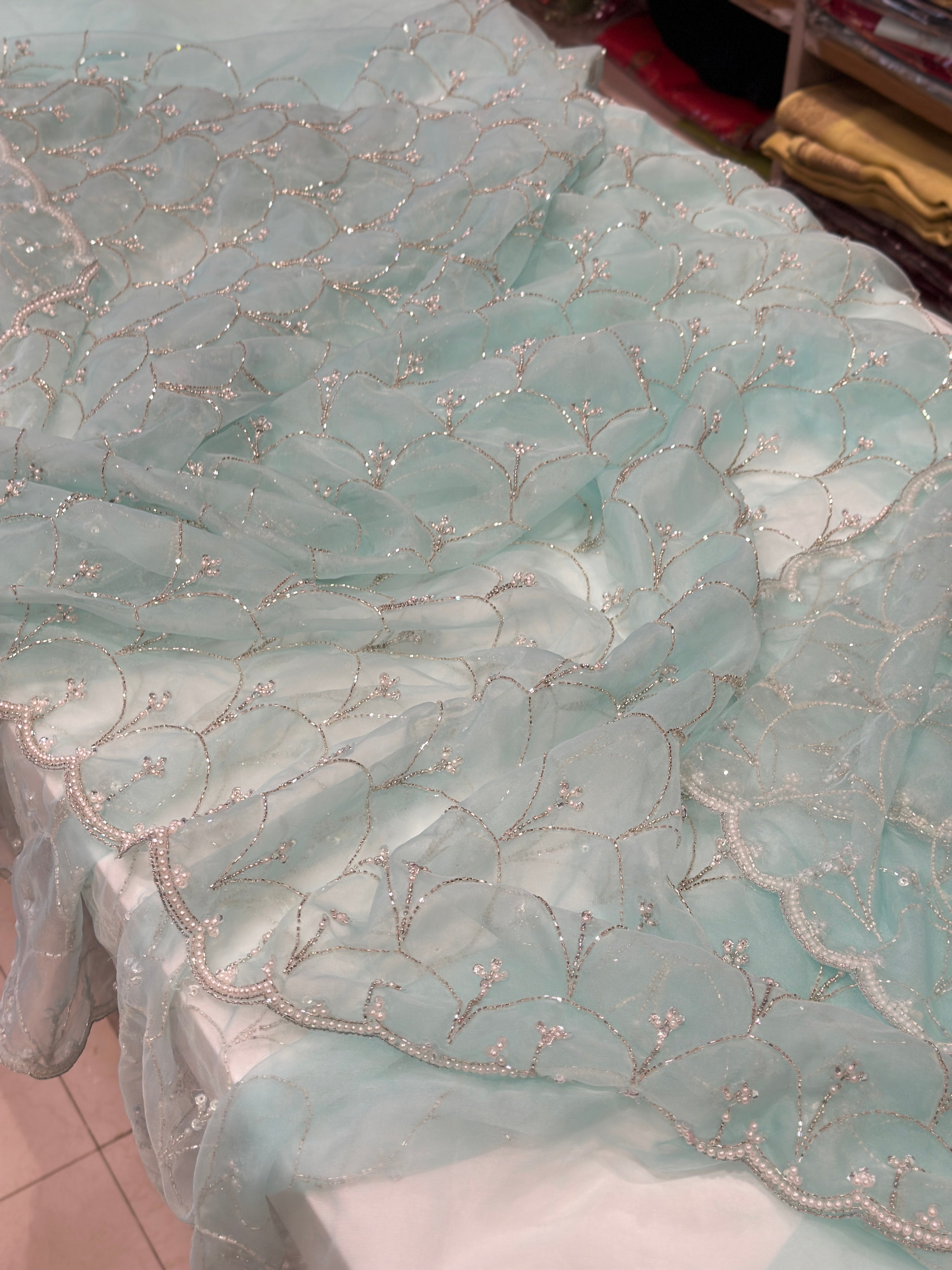 Blue Organza Hand Embroidery Moti Sequin Saree