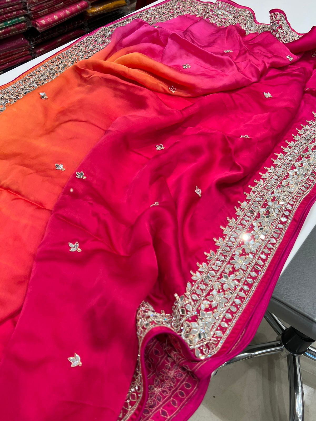 Shaded Satin Organza Mirror Work Saree
