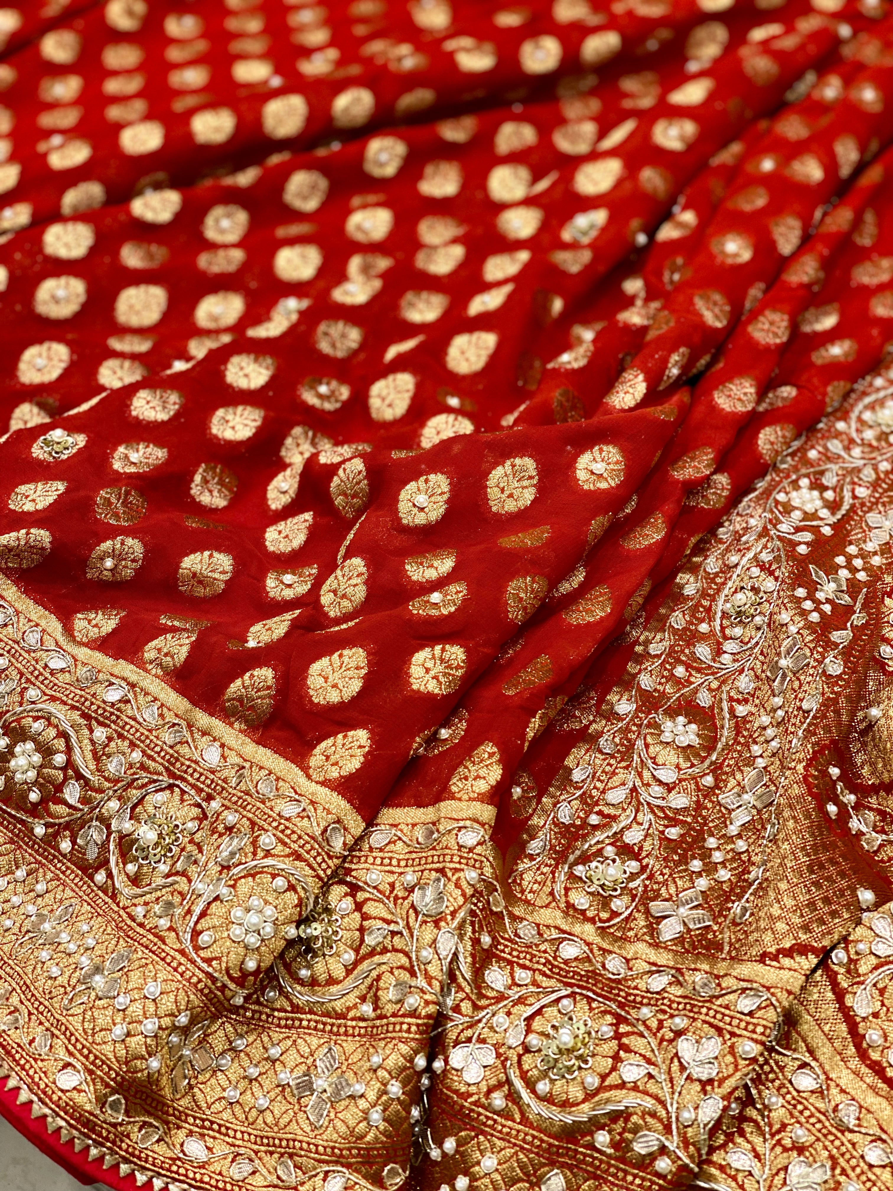 Red Banarasi Buttis with Hand Embroidery Georgette Saree