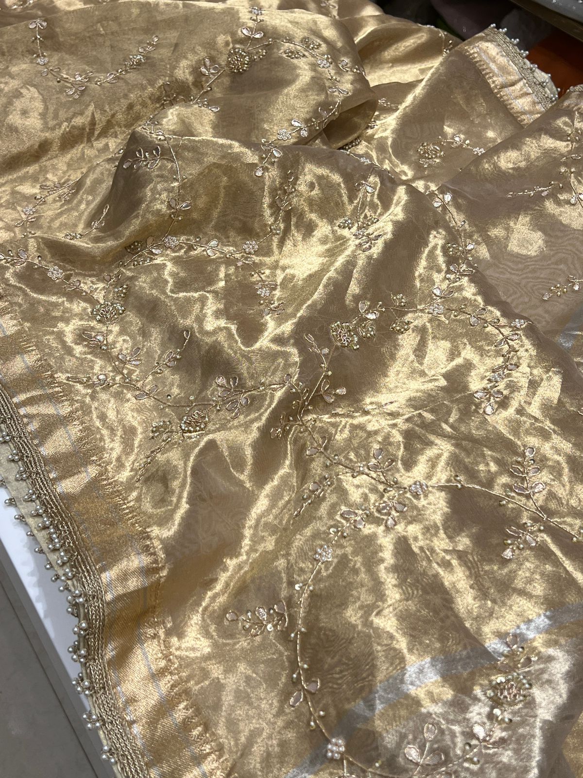 Gold Handloom Tissue Hand Embroidery Zardosi Gotapatti Saree