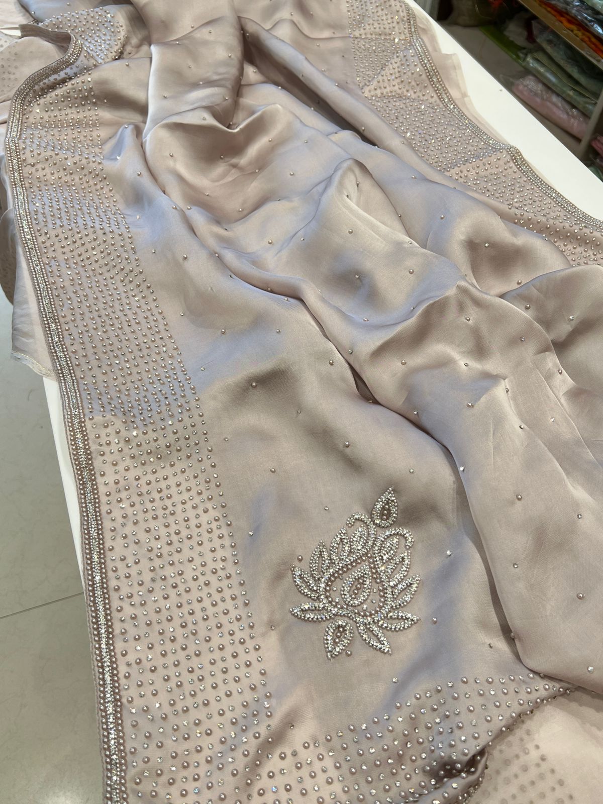 Champagne Satin Organza Moti Embroidery Saree