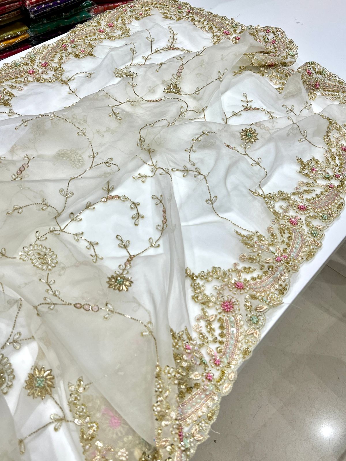 White Organza Zardosi Knot Hand Embroidery Saree