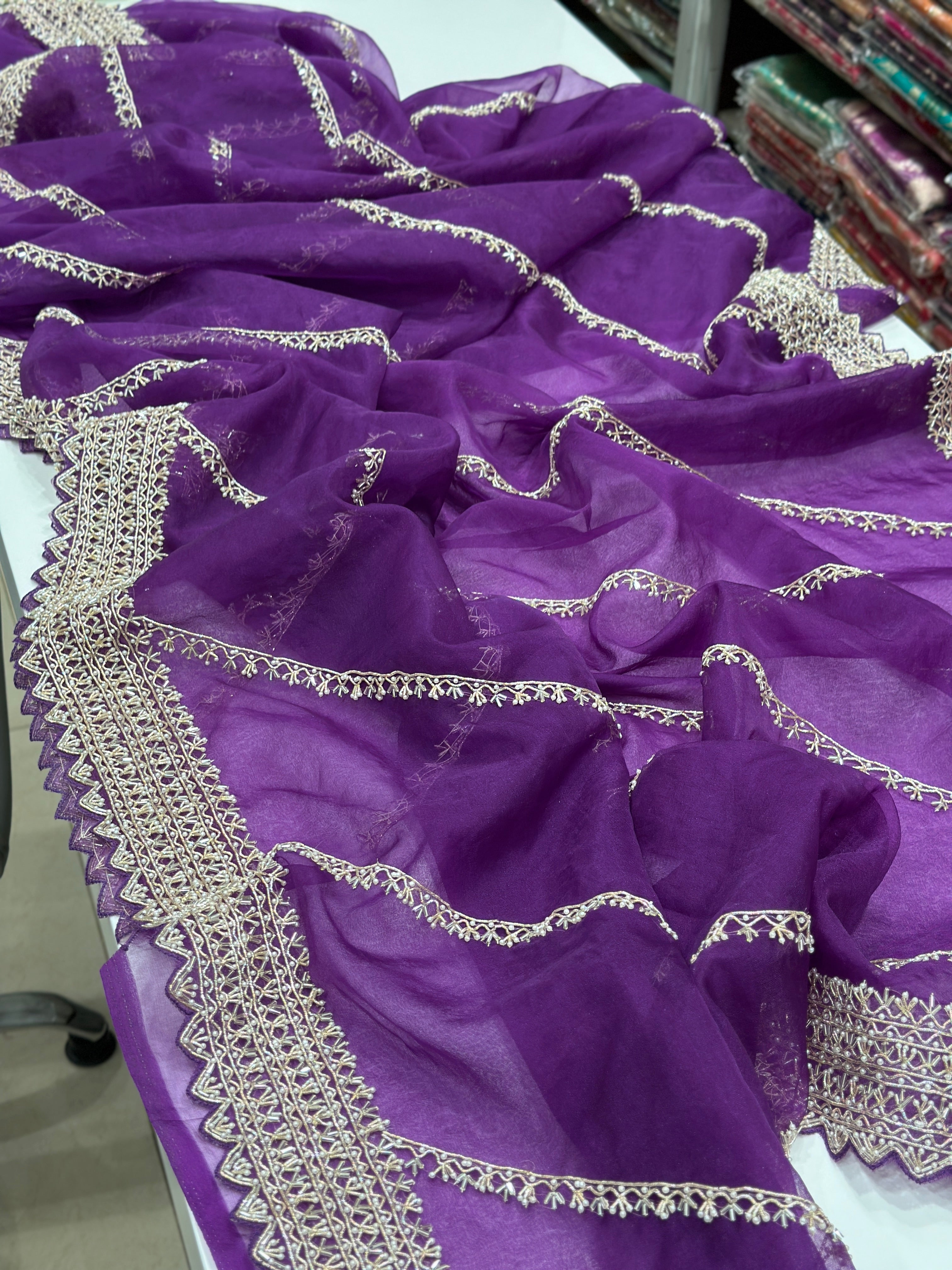 Violet Organza Zardosi Hand Embroidery Saree