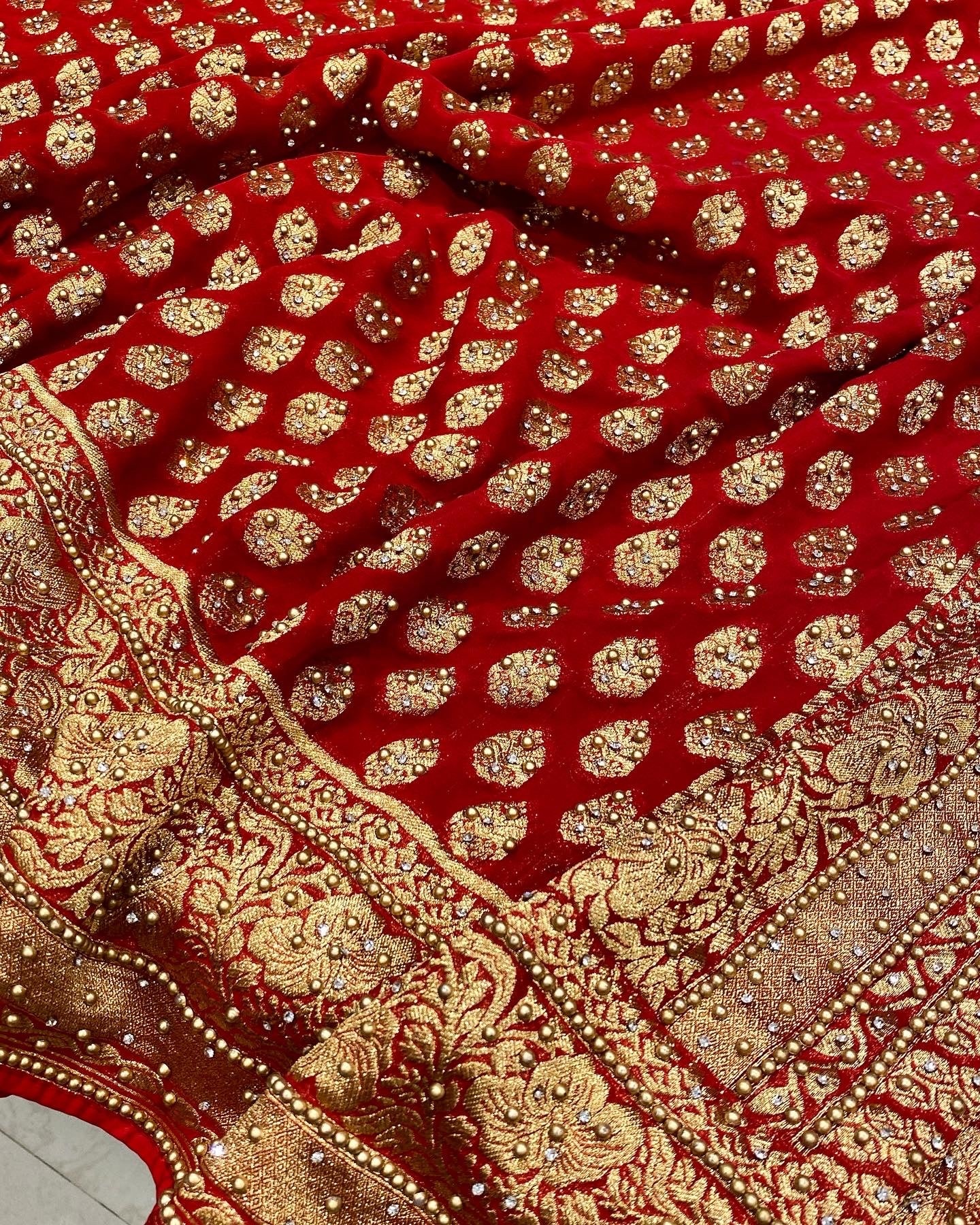 Red Banarasi Georgette with Buttis Hand Done