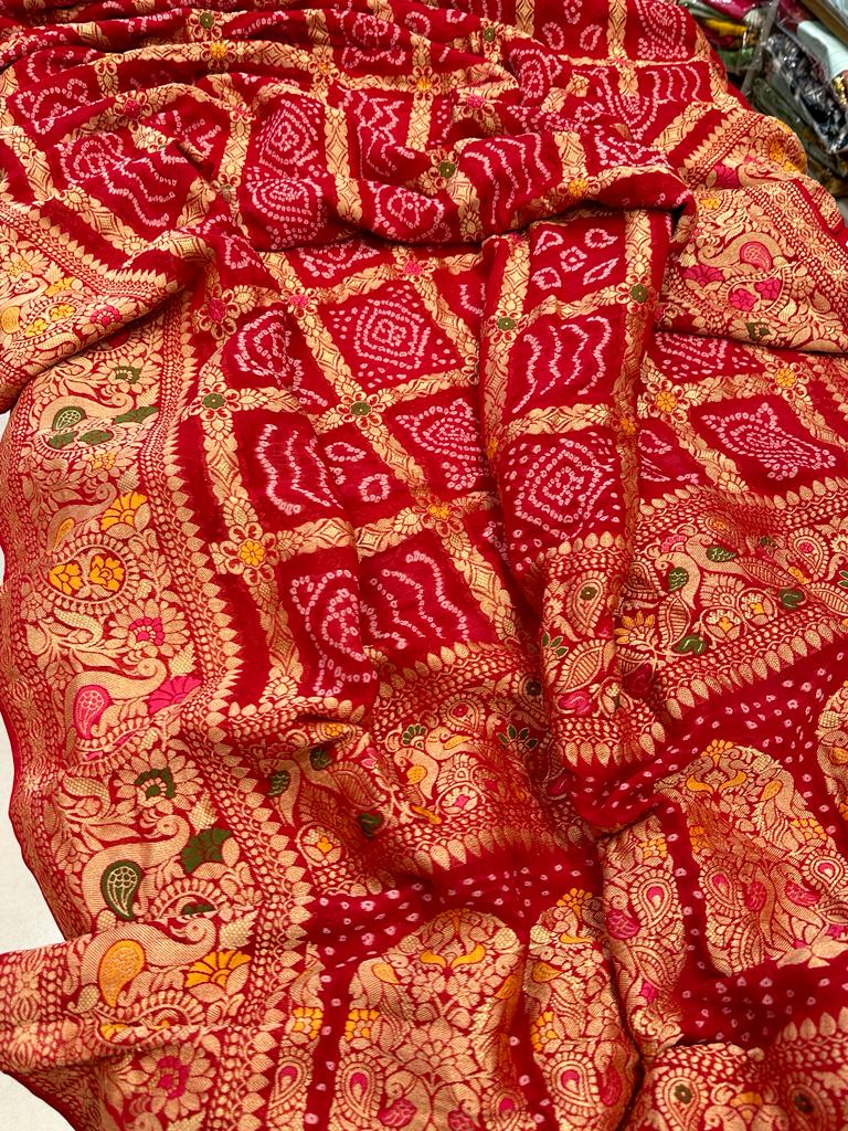 Red Gharchola Woven Bandhej Saree