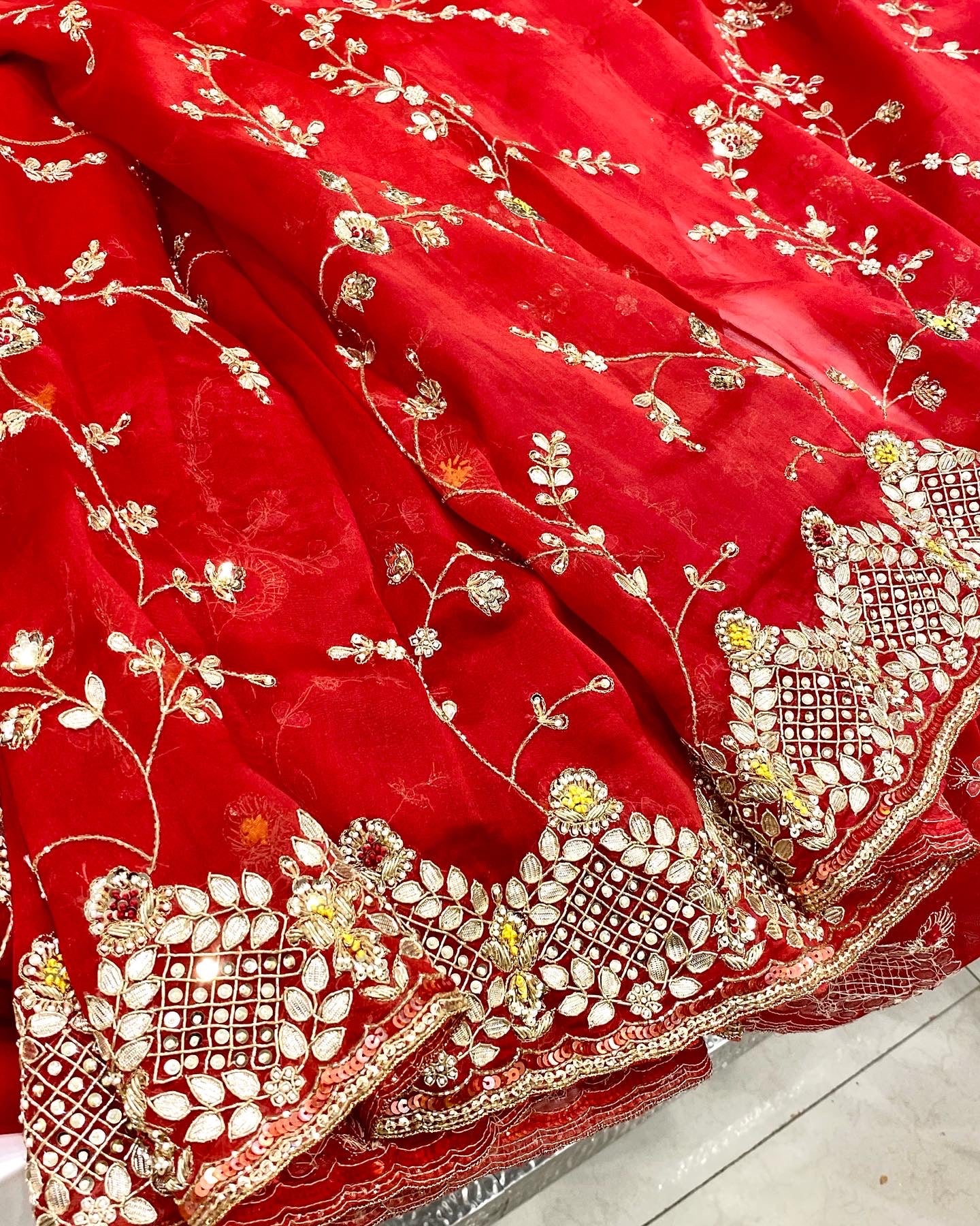 Red Hand Embroidery Organza Saree