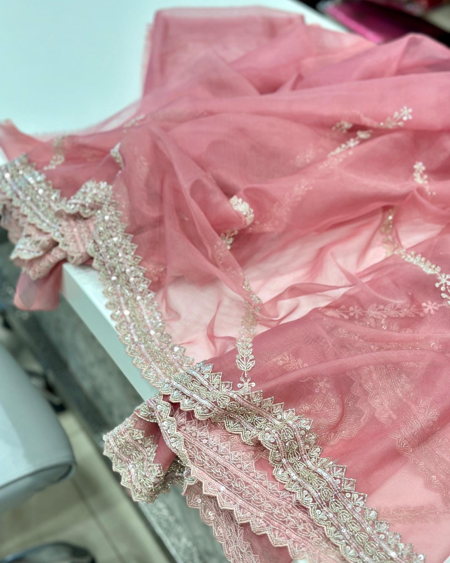 Nude Pink Organza Hand Embroidery Saree Heavy Blouse