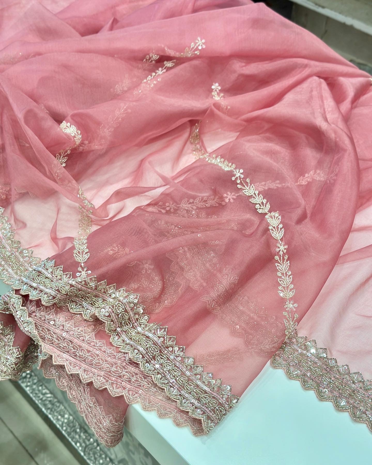 Nude Pink Organza Hand Embroidery Saree Heavy Blouse