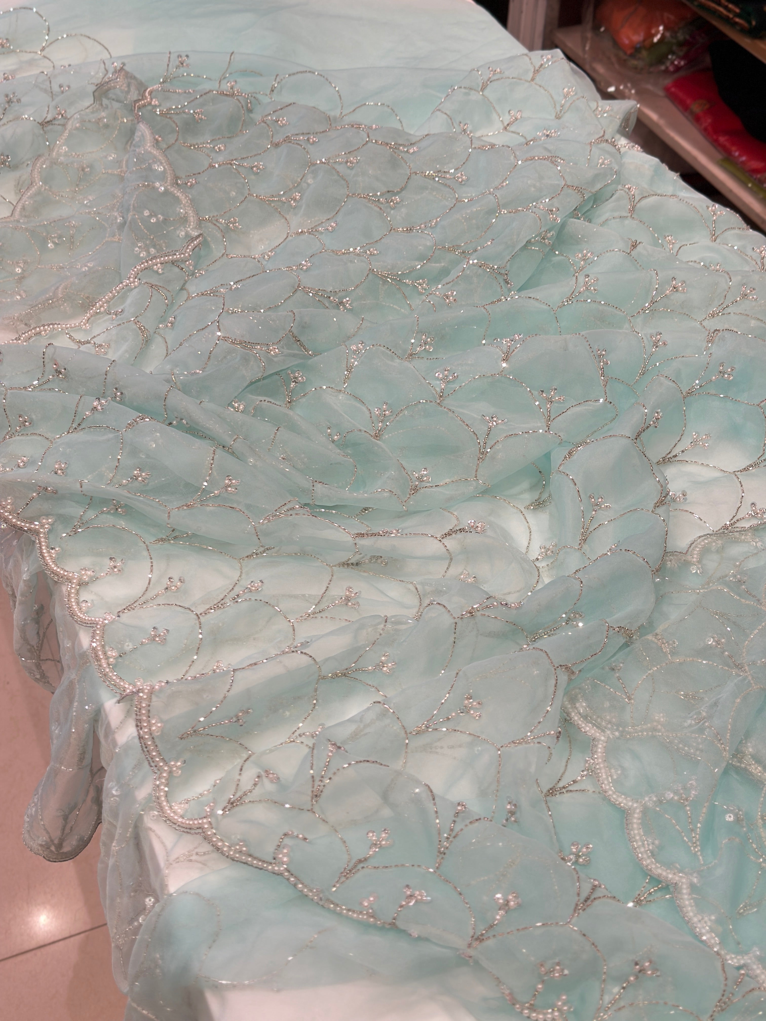 Blue Organza Hand Embroidery Moti Sequin Saree