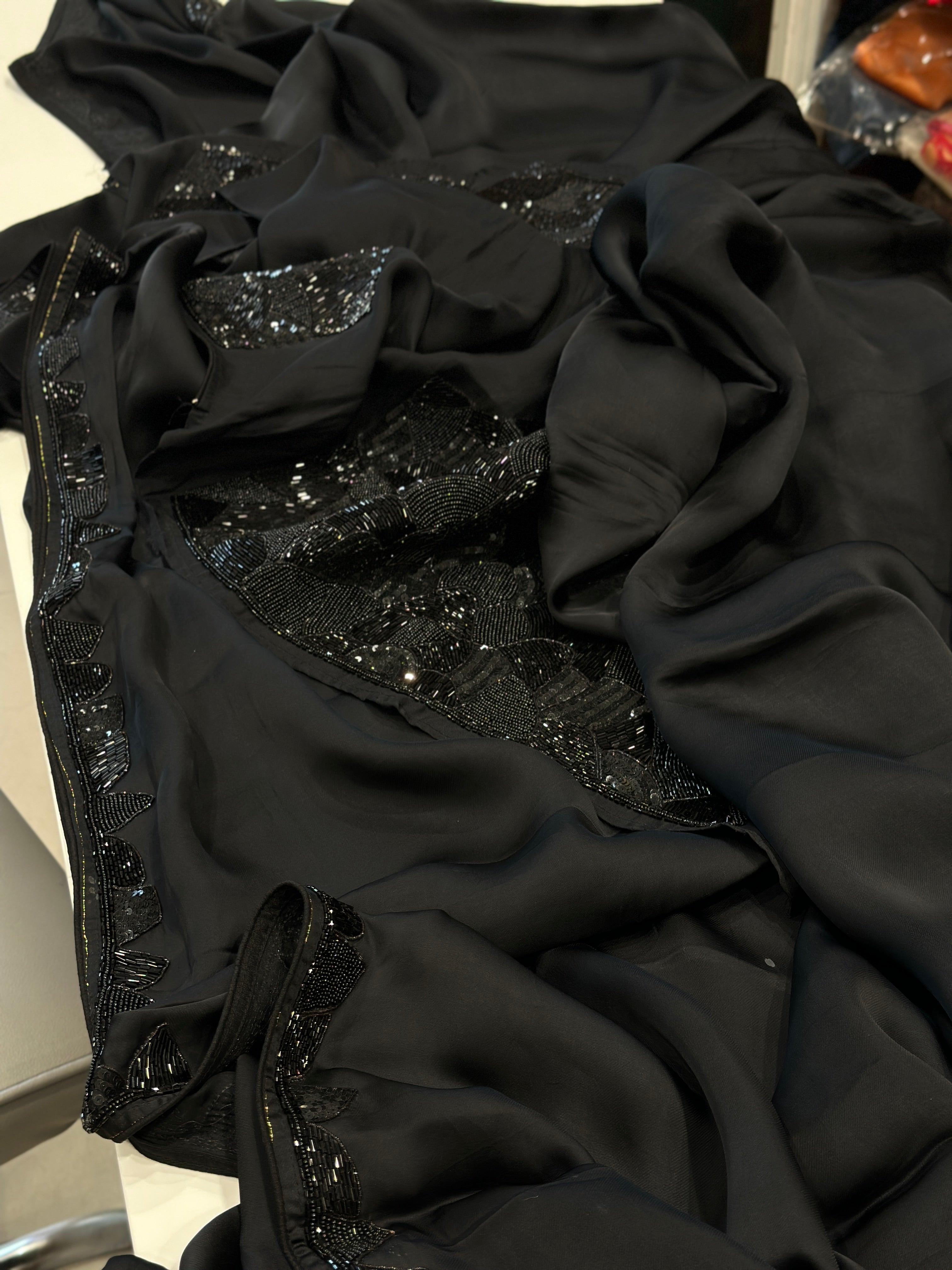 Black Satin Organza Heavy Blouse Saree