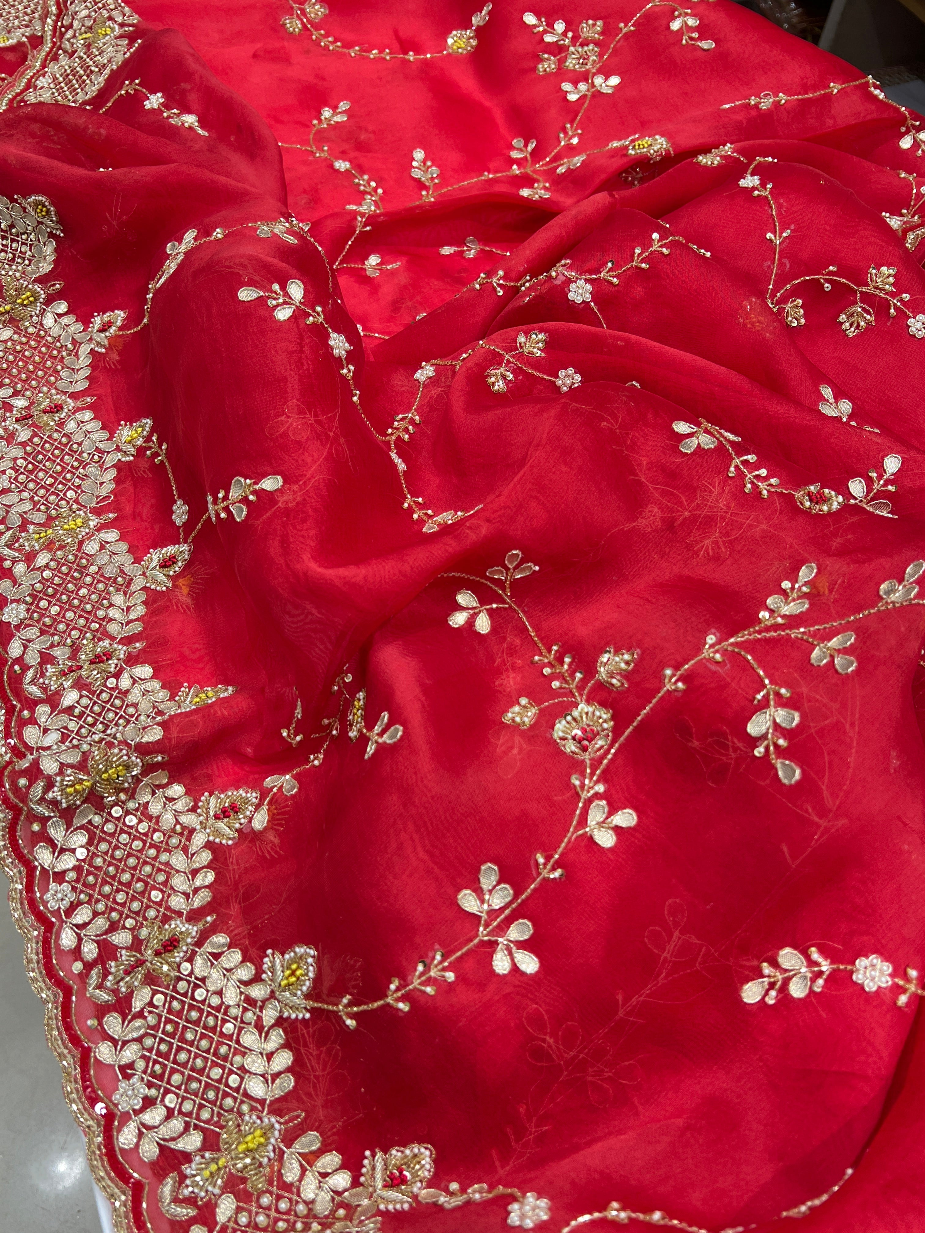 Red Pure Organza Zardosi Knot Embroidery Saree
