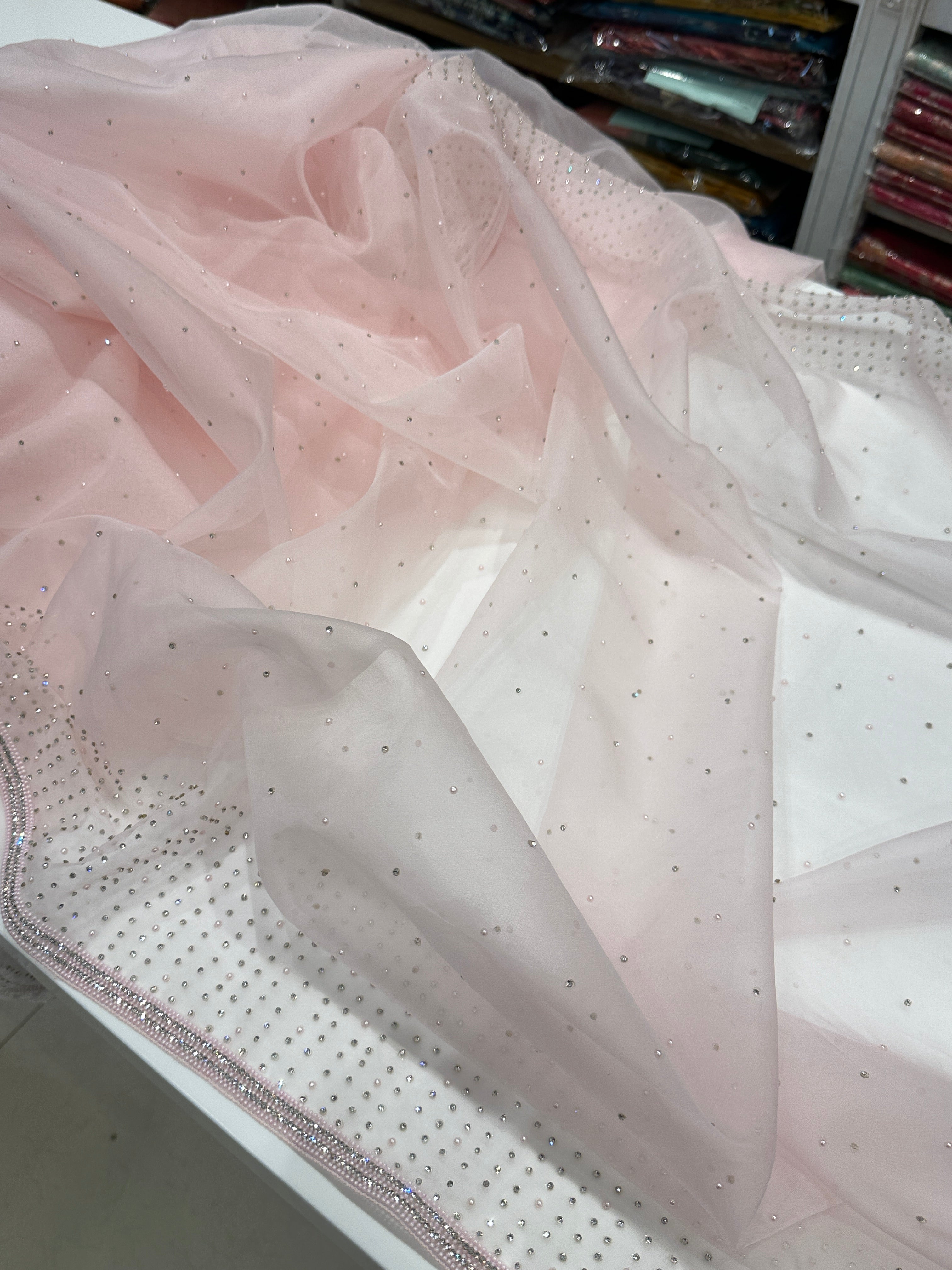 Pink Organza Moti And Stone Saree