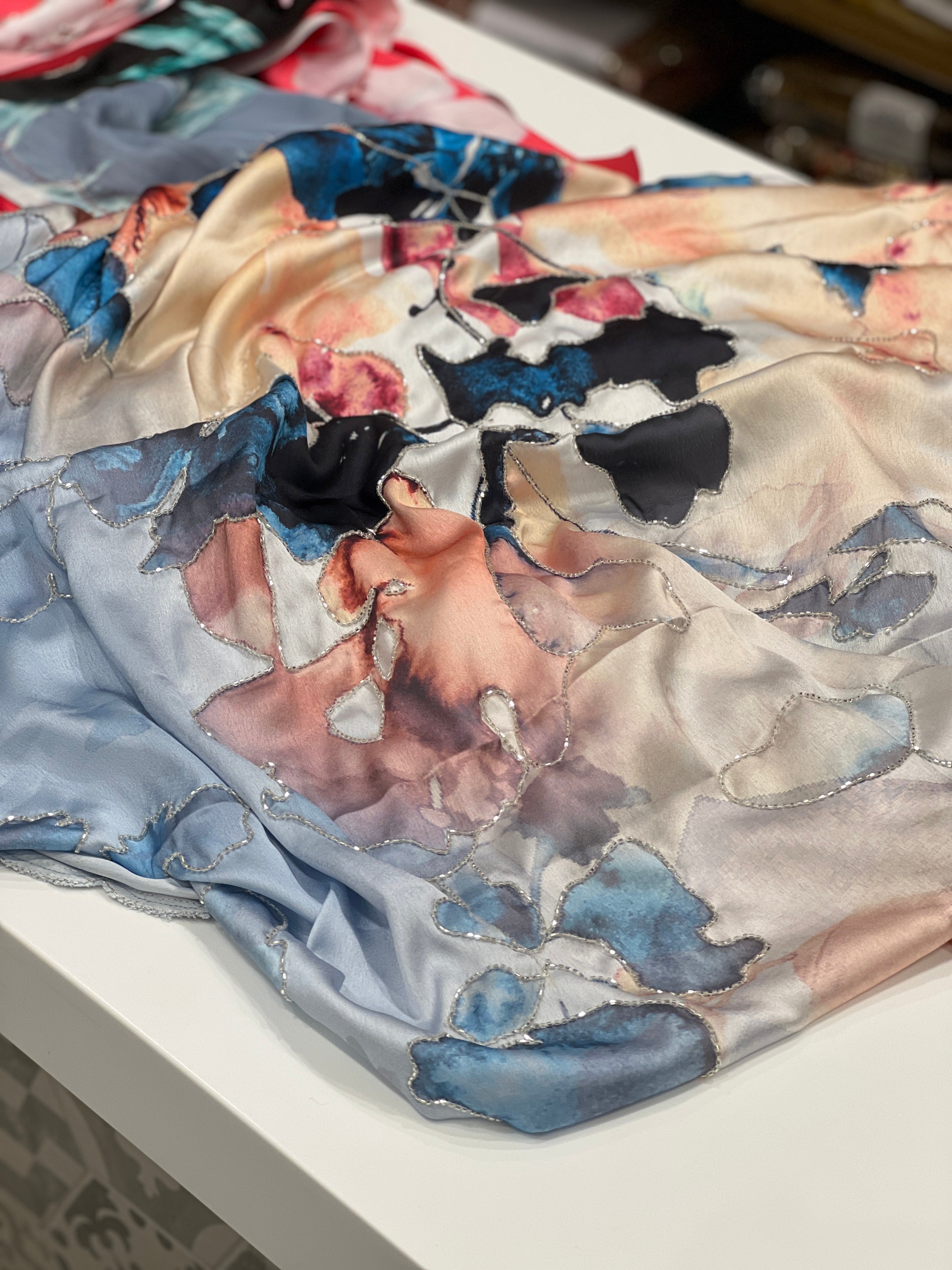 White Blue Abstract Print Hand Embroidery Satin Saree