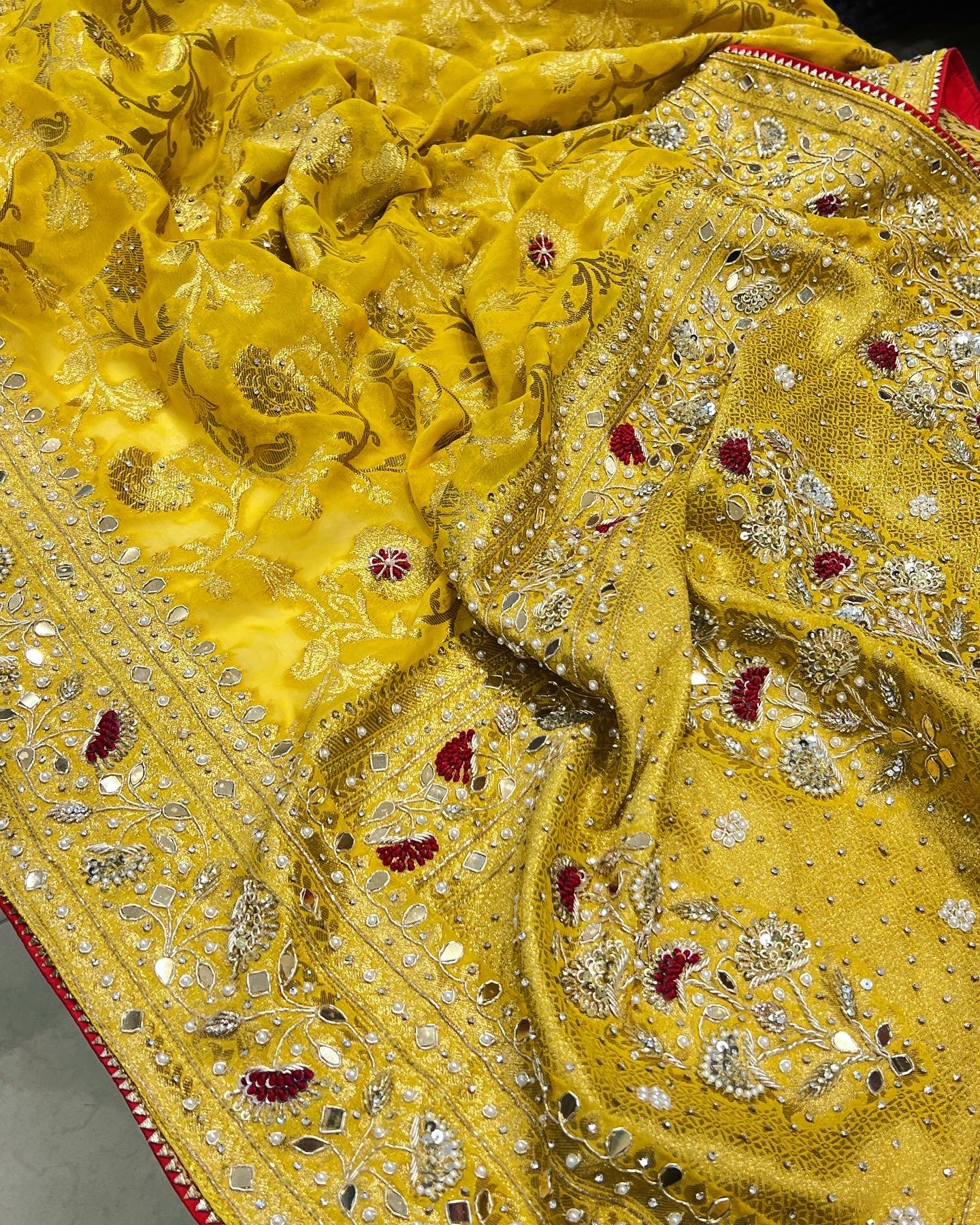 Yellow Banarasi Georgette Mirror Resham Embroidery Saree