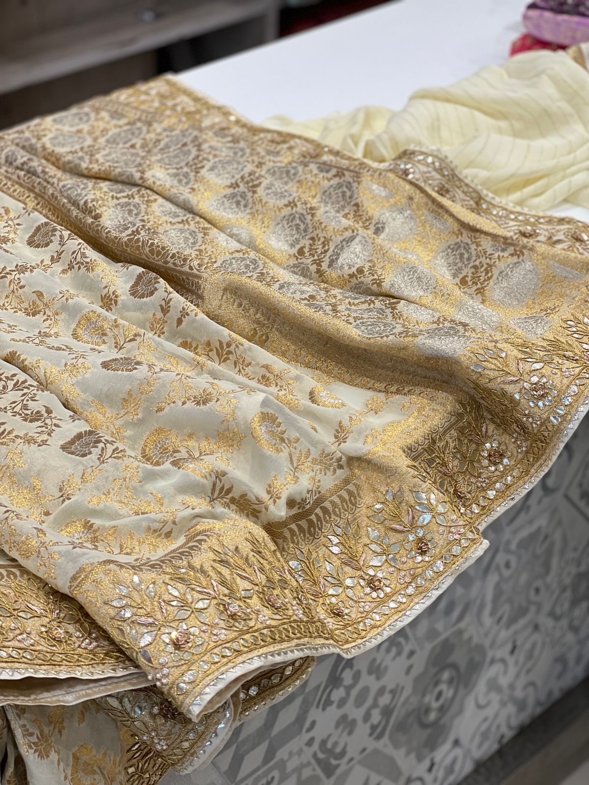 Beige Banarasi Khaddi Georgette Gotapatti Saree