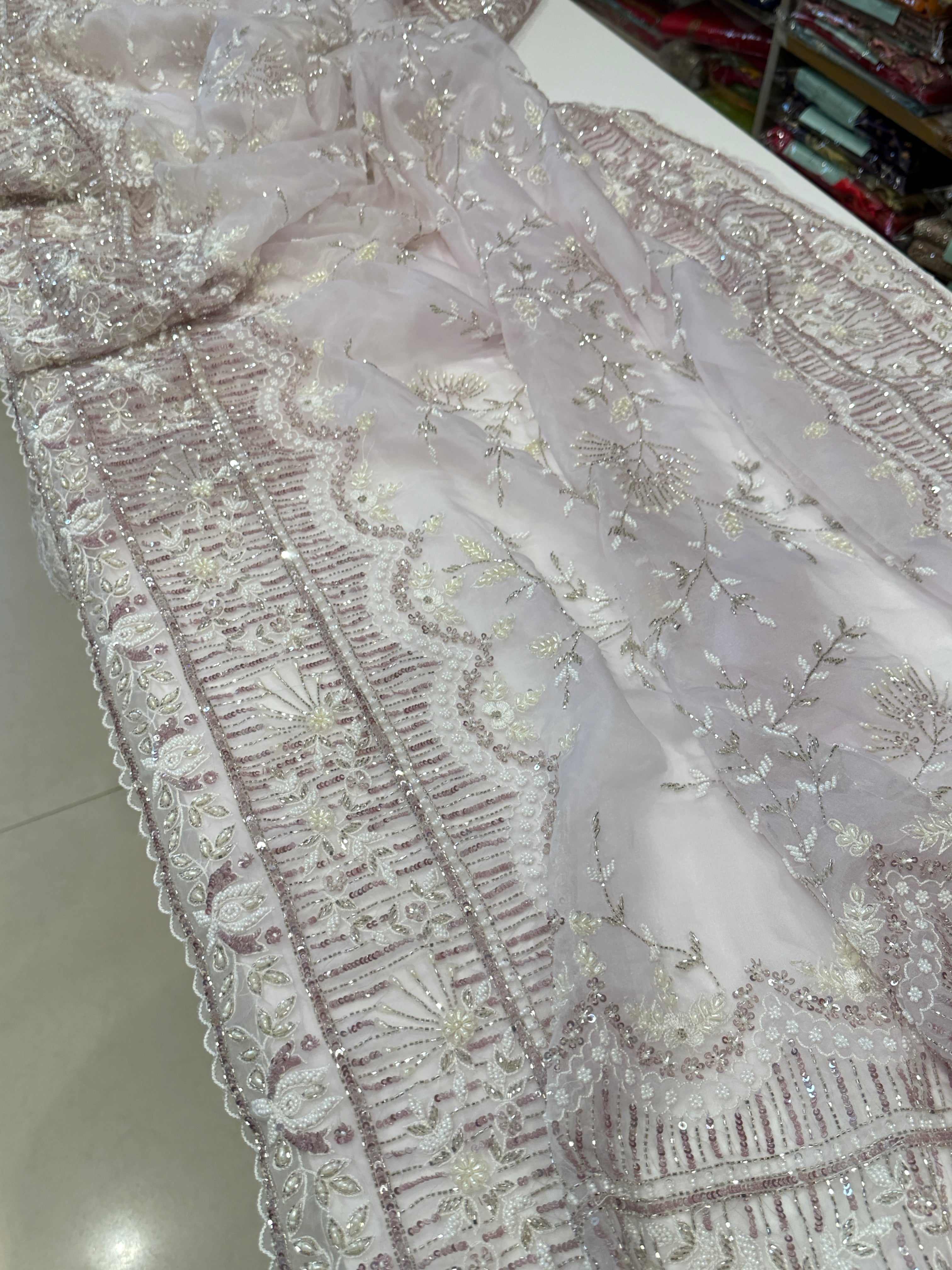 Lilac Organza Hand Embroidery Saree