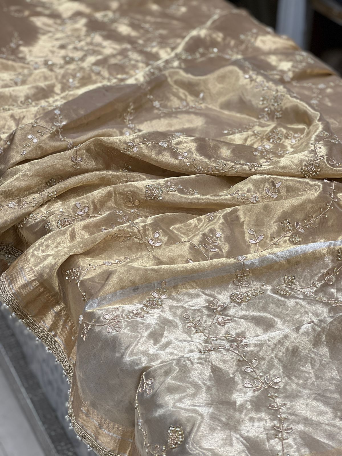Gold Handloom Tissue Hand Embroidery Zardosi Gotapatti Saree
