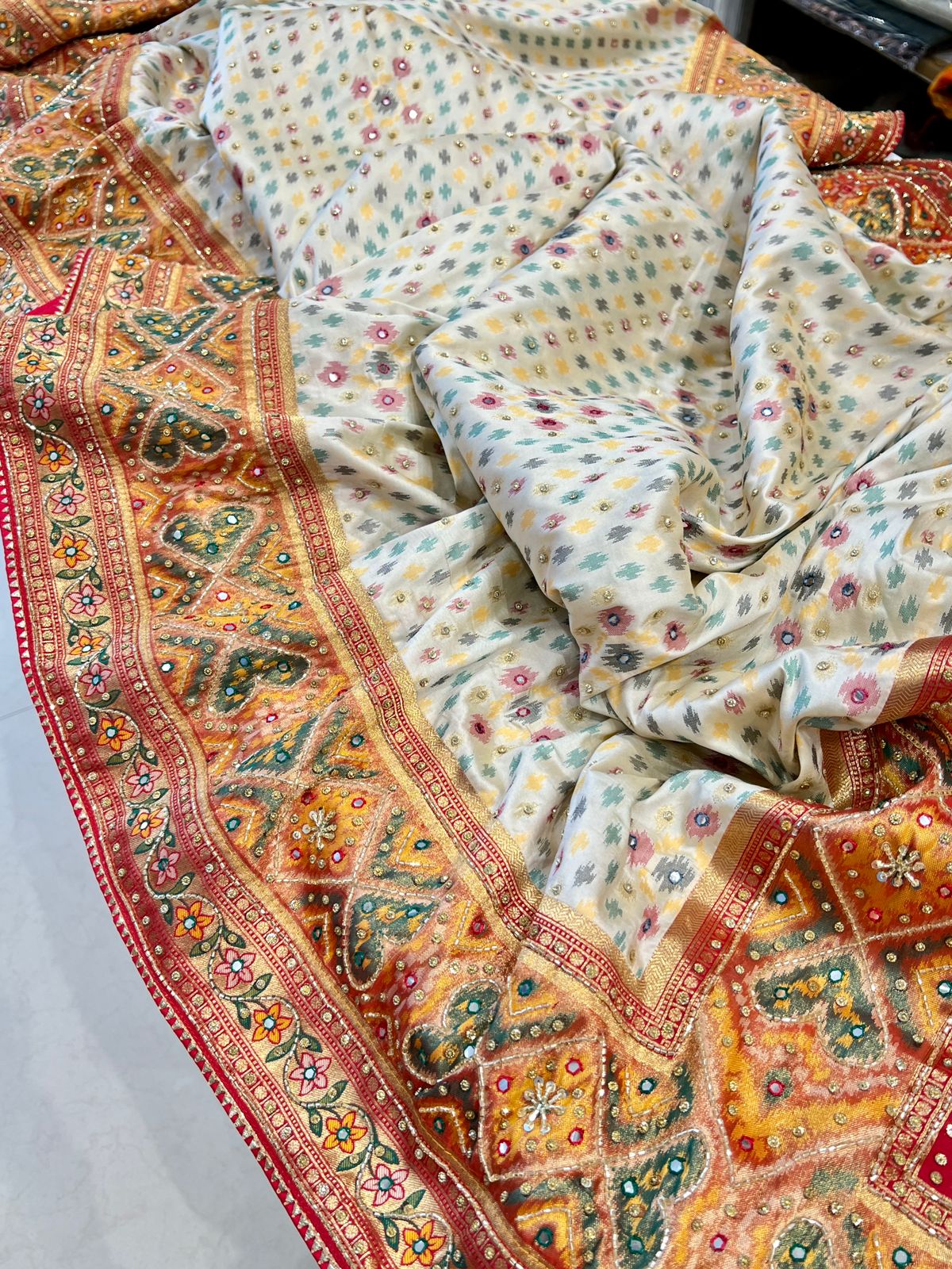 White Patola Saree Hand Embroidery Tissue Border