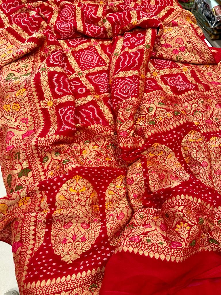 Red Gharchola Woven Bandhej Saree