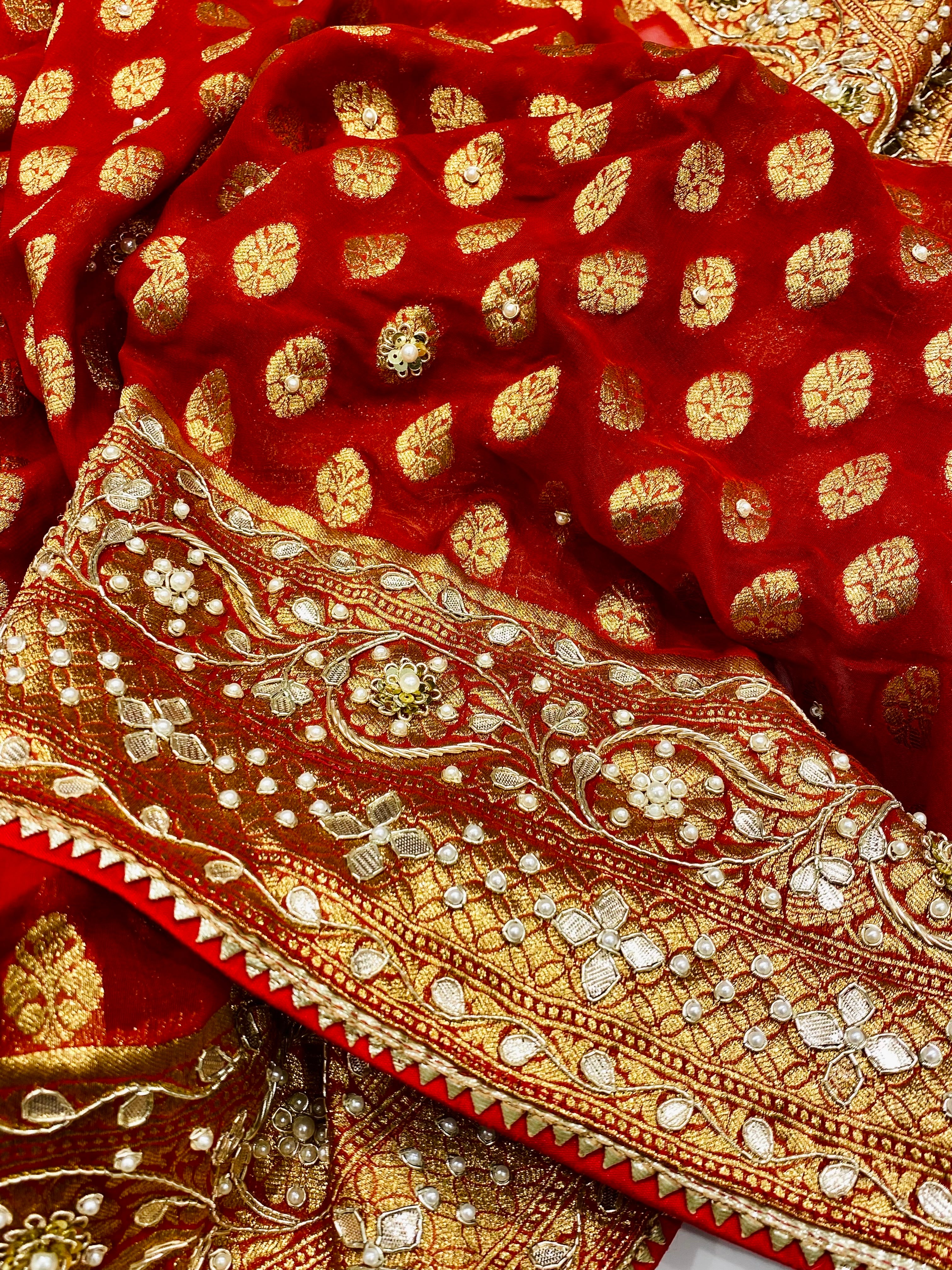 Red Banarasi Buttis with Hand Embroidery Georgette Saree