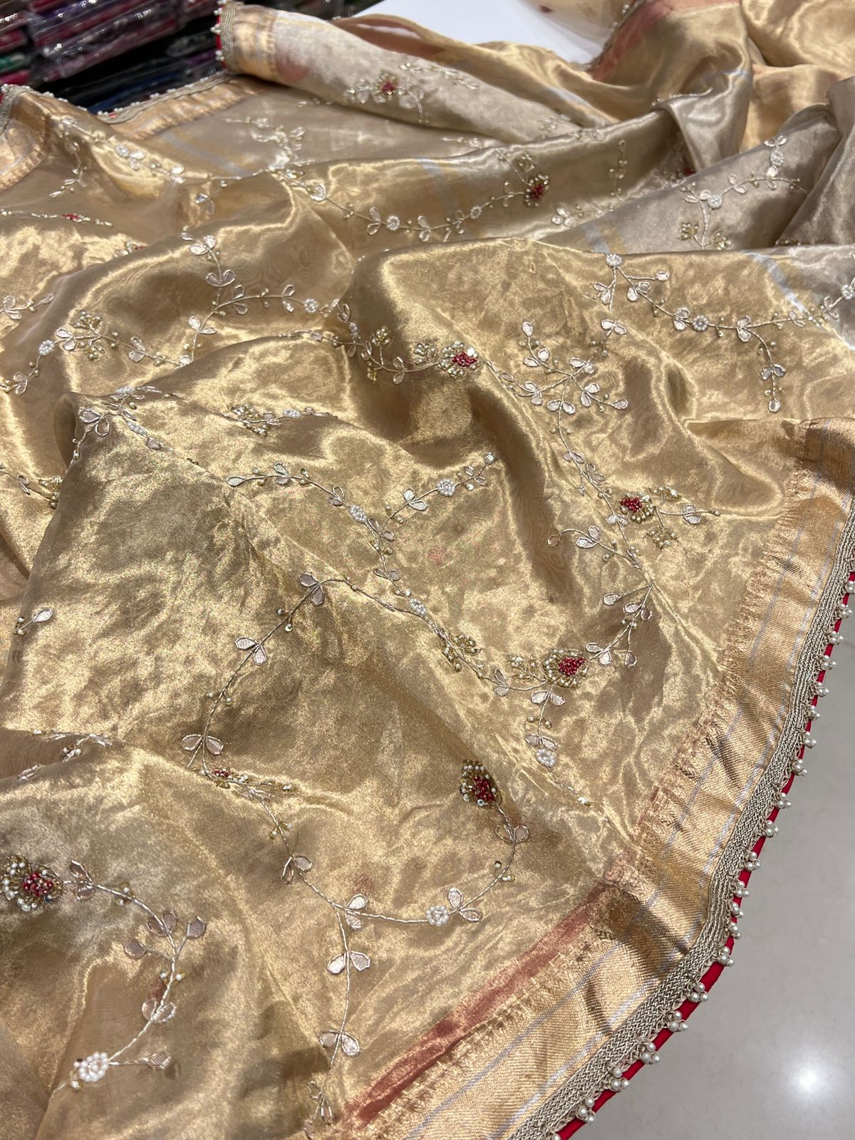 Gold Handloom Tissue Red Resham Zardosi Hand Embroidery Saree